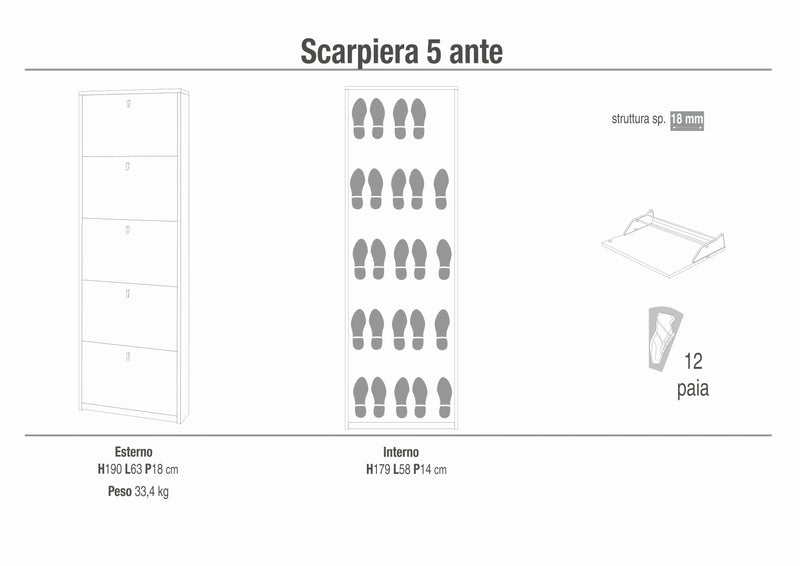 Zapatero moderno y espacioso de 5 puertas "Bea" en madera 63x18 cm 190h