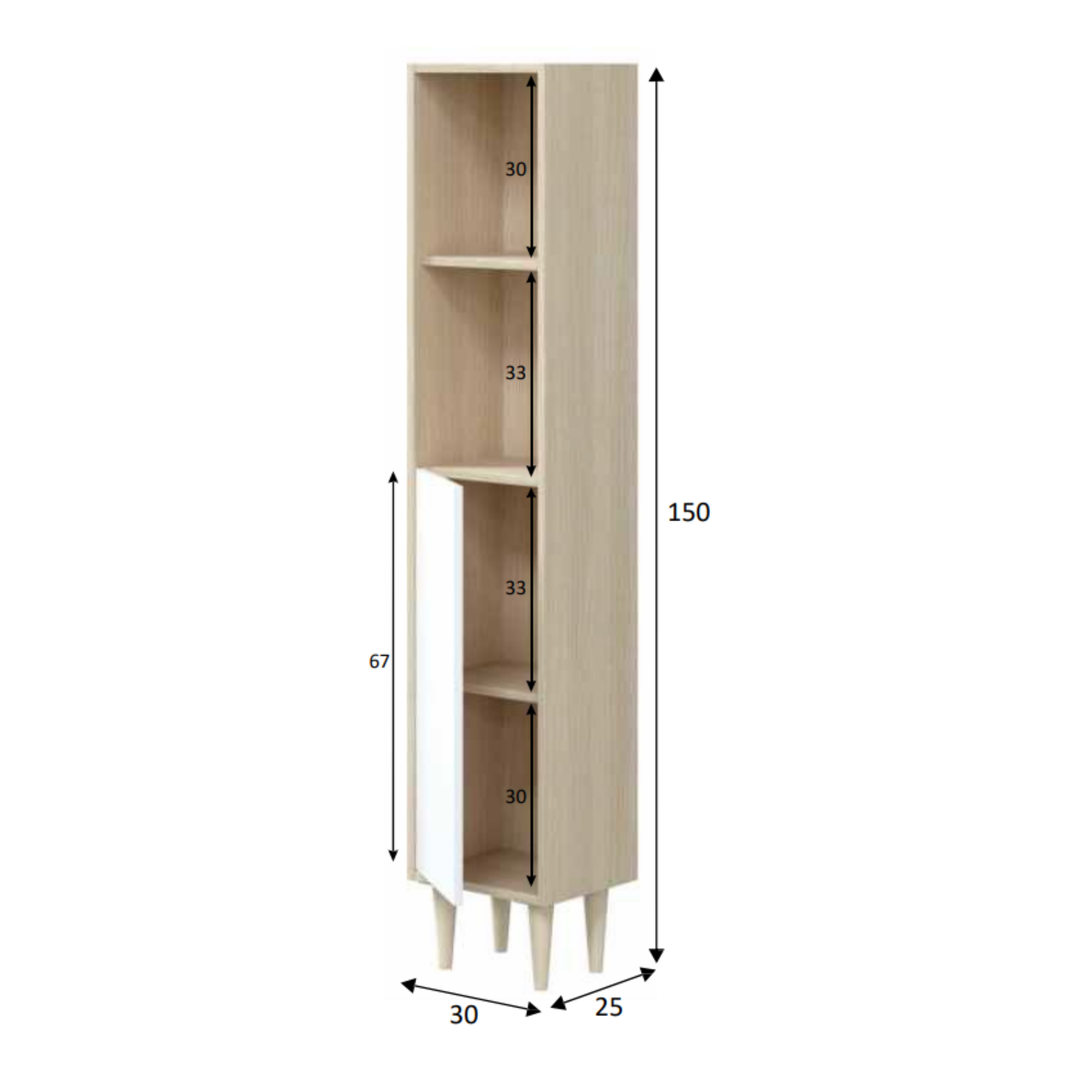 Colonne suspendue mobile de salle de bain Vérone avec 1 porte et 2 étagères apparentes en aggloméré blanc et chêne