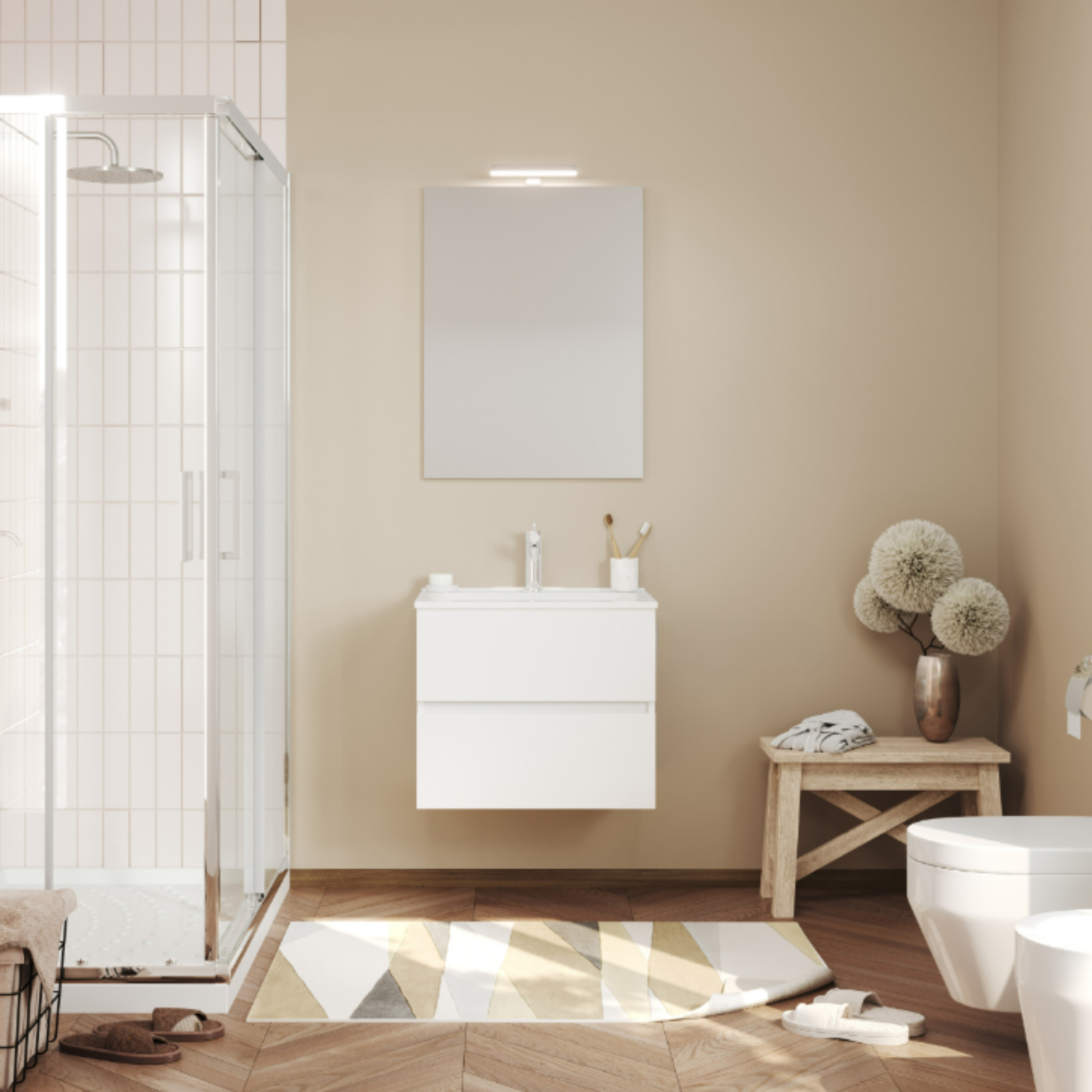 Mobili da bagno sospeso moderno "Tara" con 2 cassetti , lavabo da incasso e specchio LED