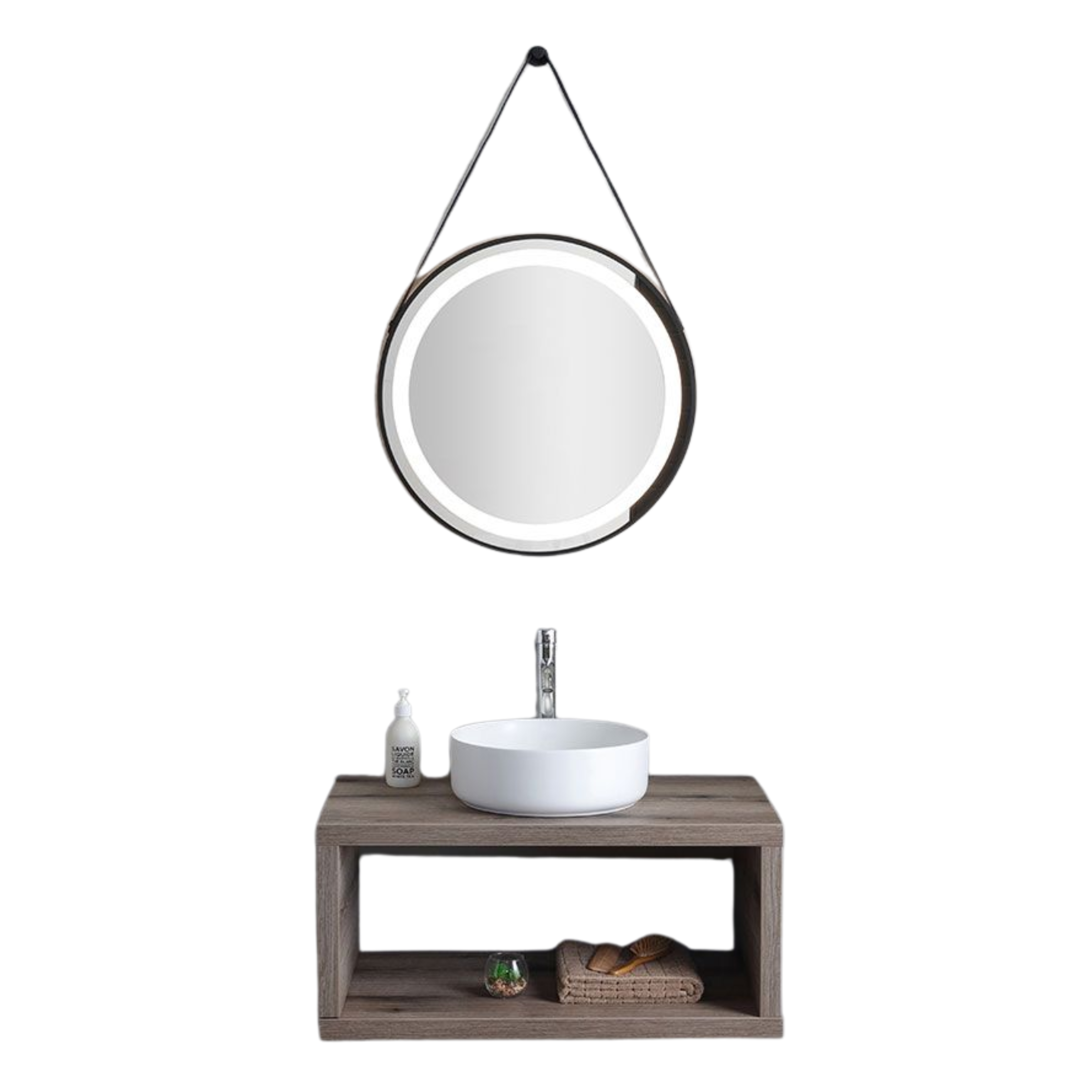 Mobile da bagno sospeso "Paros" 80 cm rovere fossile con lavabo tondo bianco e specchio