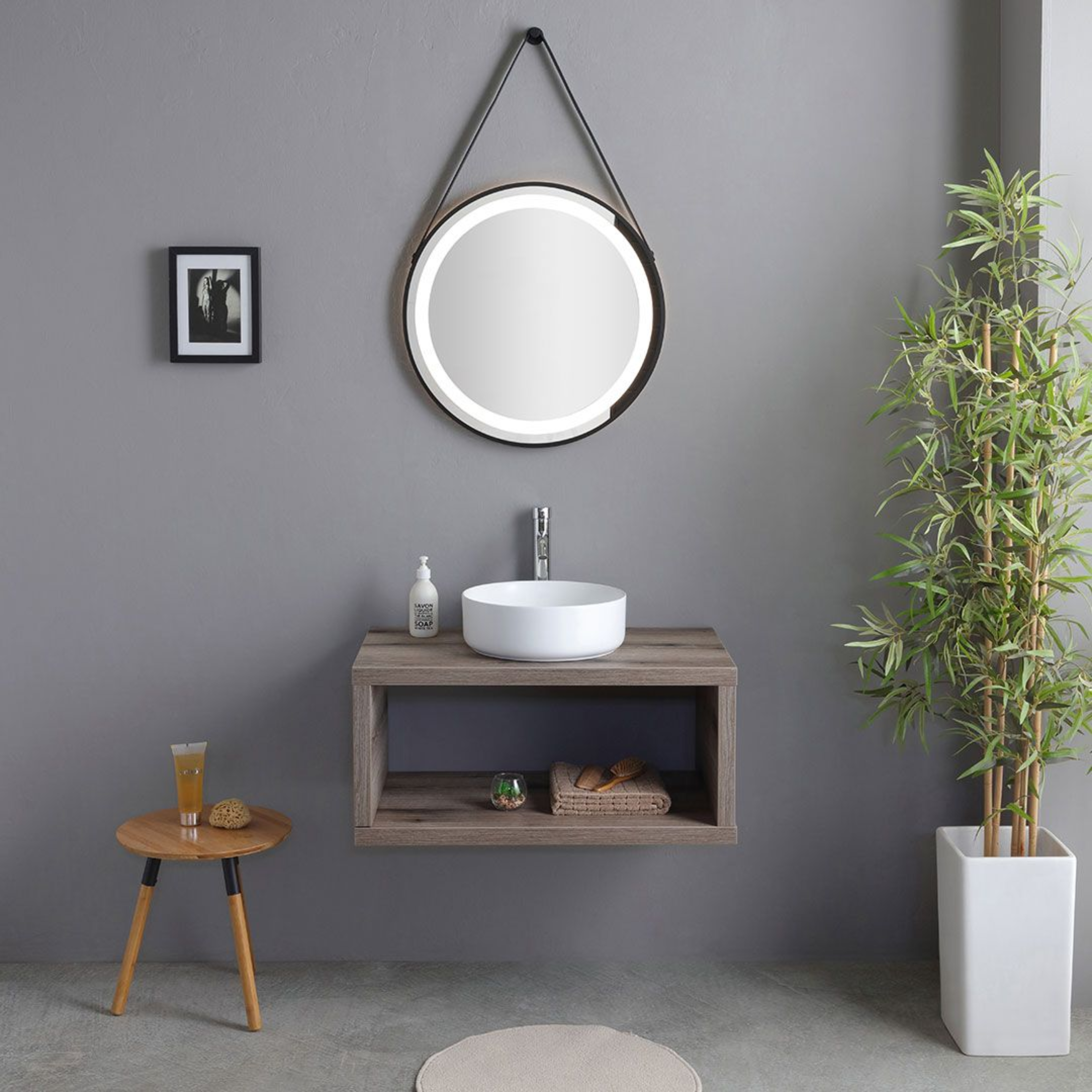 Mobile da bagno sospeso "Paros" 80 cm rovere fossile con lavabo tondo bianco e specchio