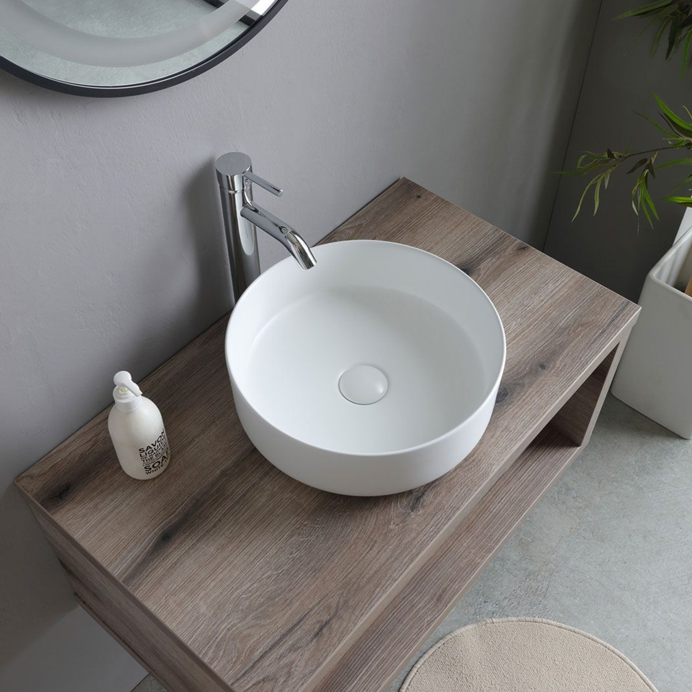 Mobile da bagno sospeso "Paros" 80 cm rovere fossile con lavabo tondo bianco e specchio