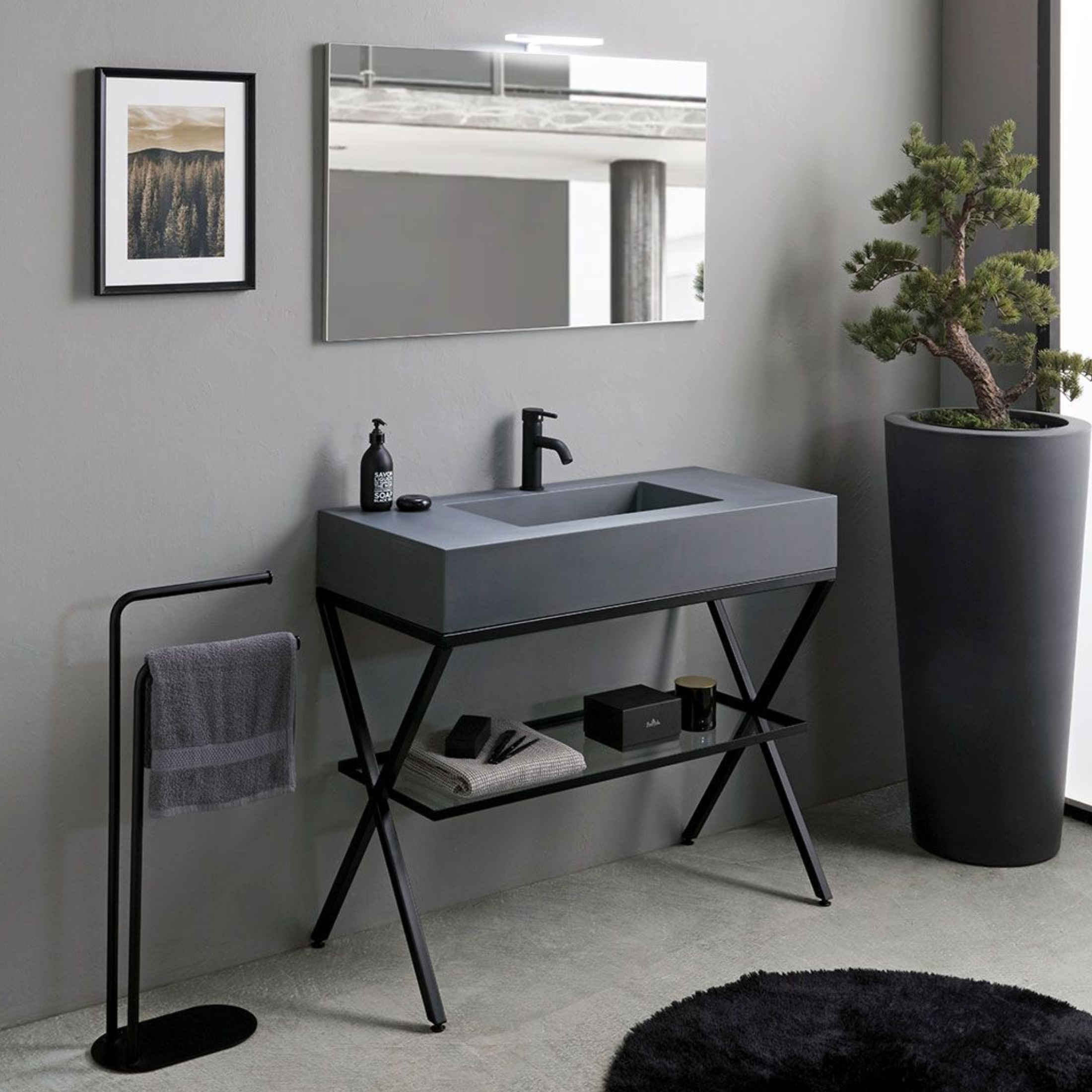 Mobile bagno a terra "Petra" moderno con specchio, lavabo e mensola in vetro 100 cm