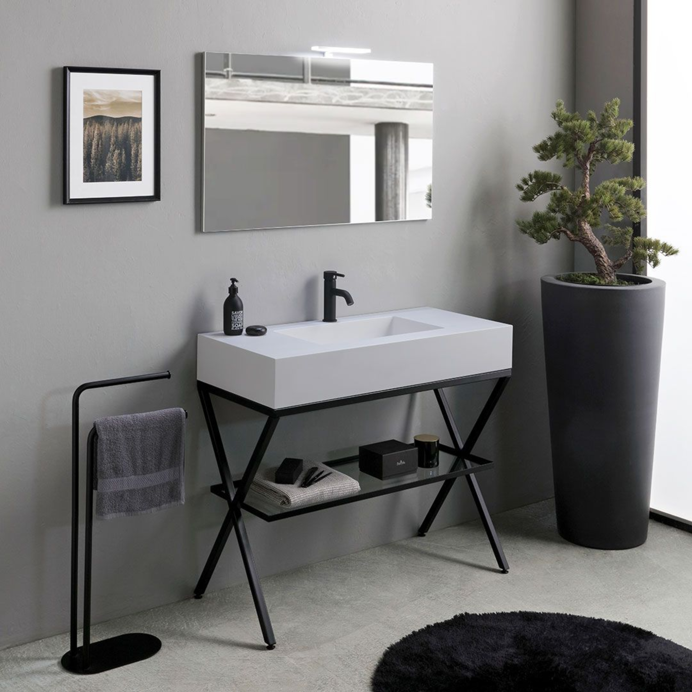 Mobile bagno a terra "Petra" moderno con specchio, lavabo e mensola in vetro 100 cm