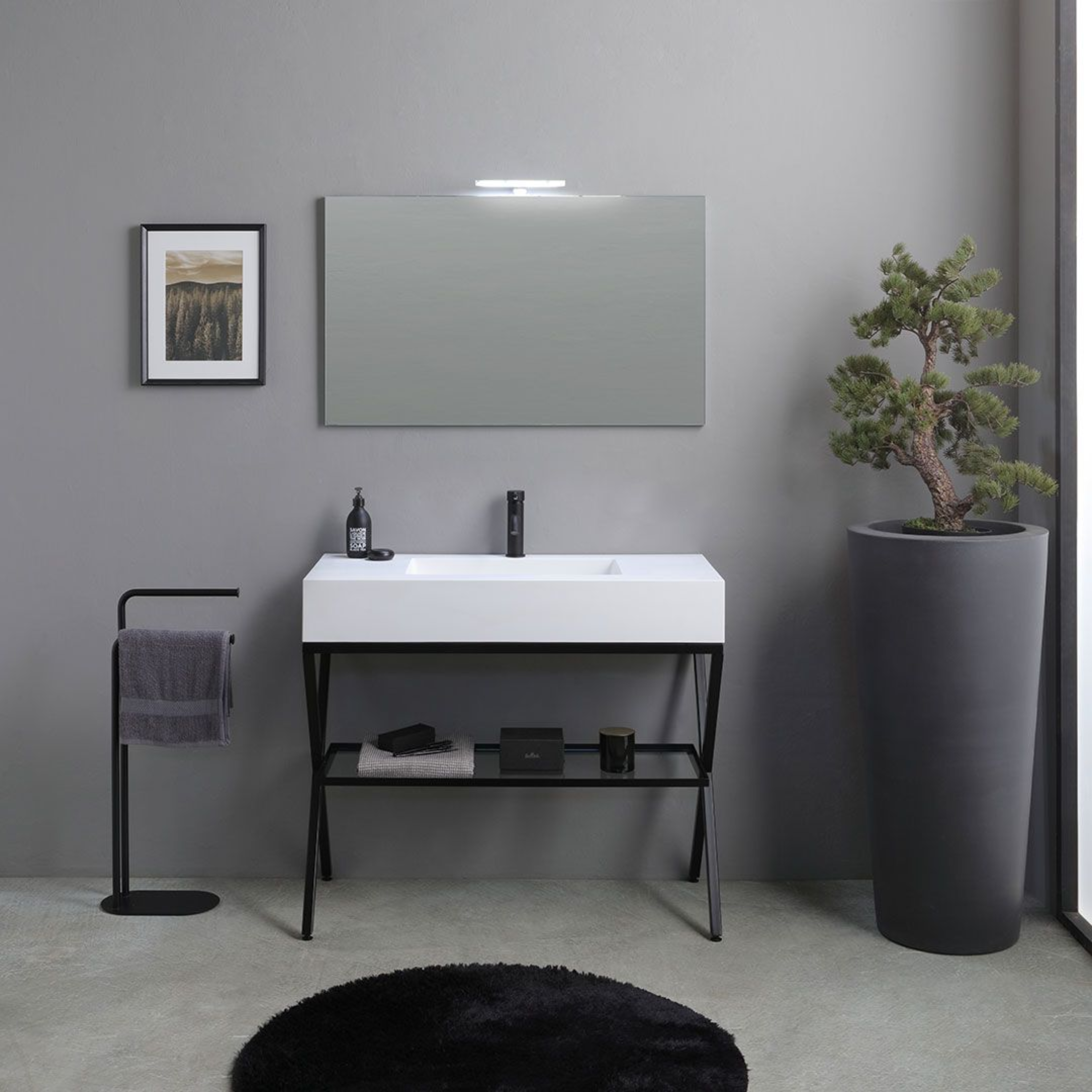 Mobile bagno a terra "Petra" moderno con specchio, lavabo e mensola in vetro 100 cm