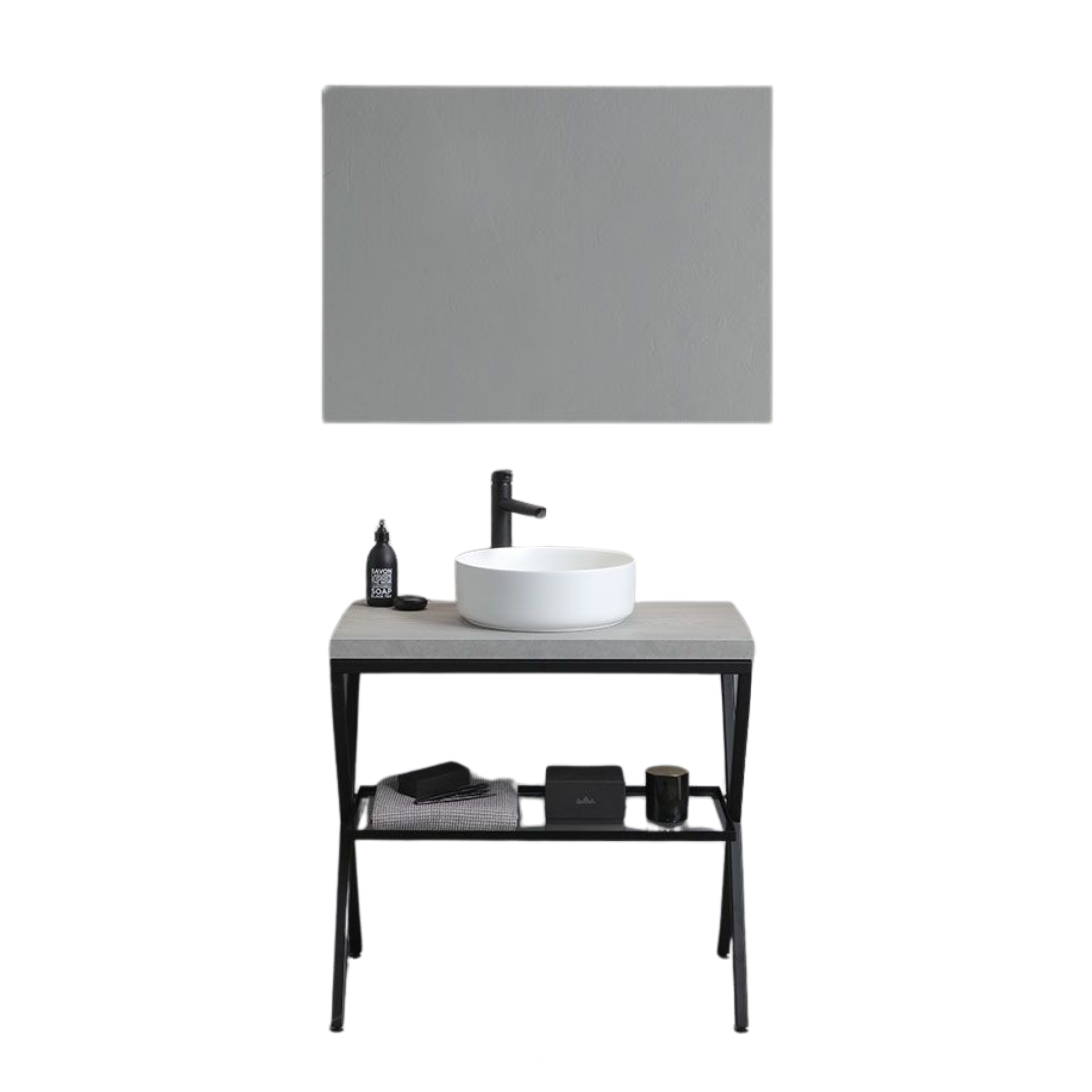 Mobile da bagno color cemento "PowerUp" 80 cm con cavalletto in metallo e lavabo in ceramica rotondo