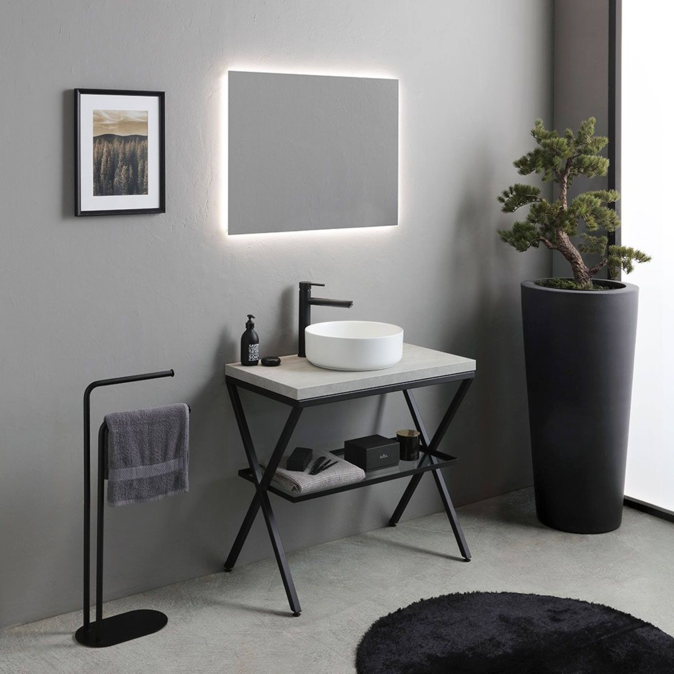 Mobile da bagno color cemento "PowerUp" 80 cm con cavalletto in metallo e lavabo in ceramica rotondo