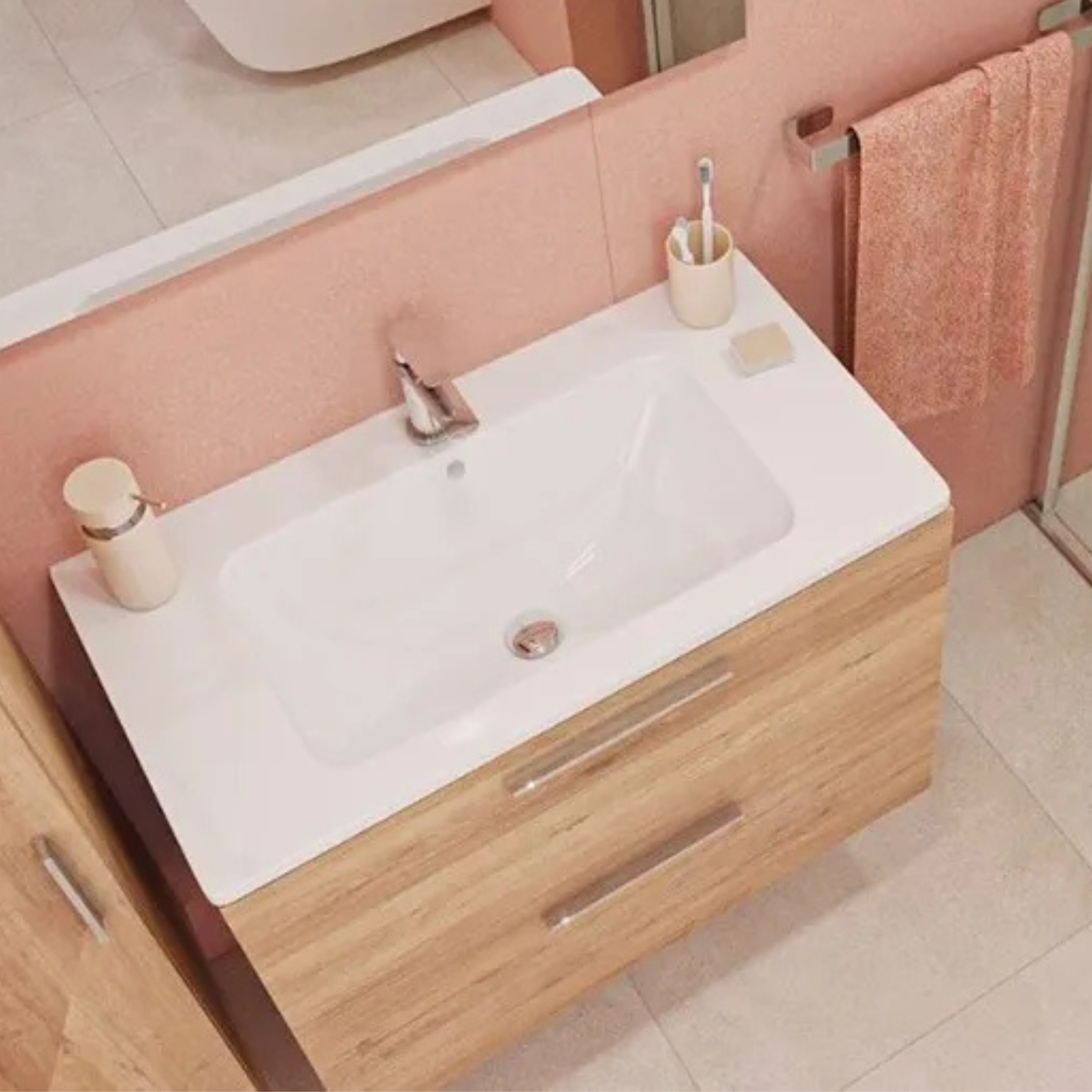 Mobile da bagno sospeso "Vitrax" in legno con 2 cassetti lavabo specchio e lampada