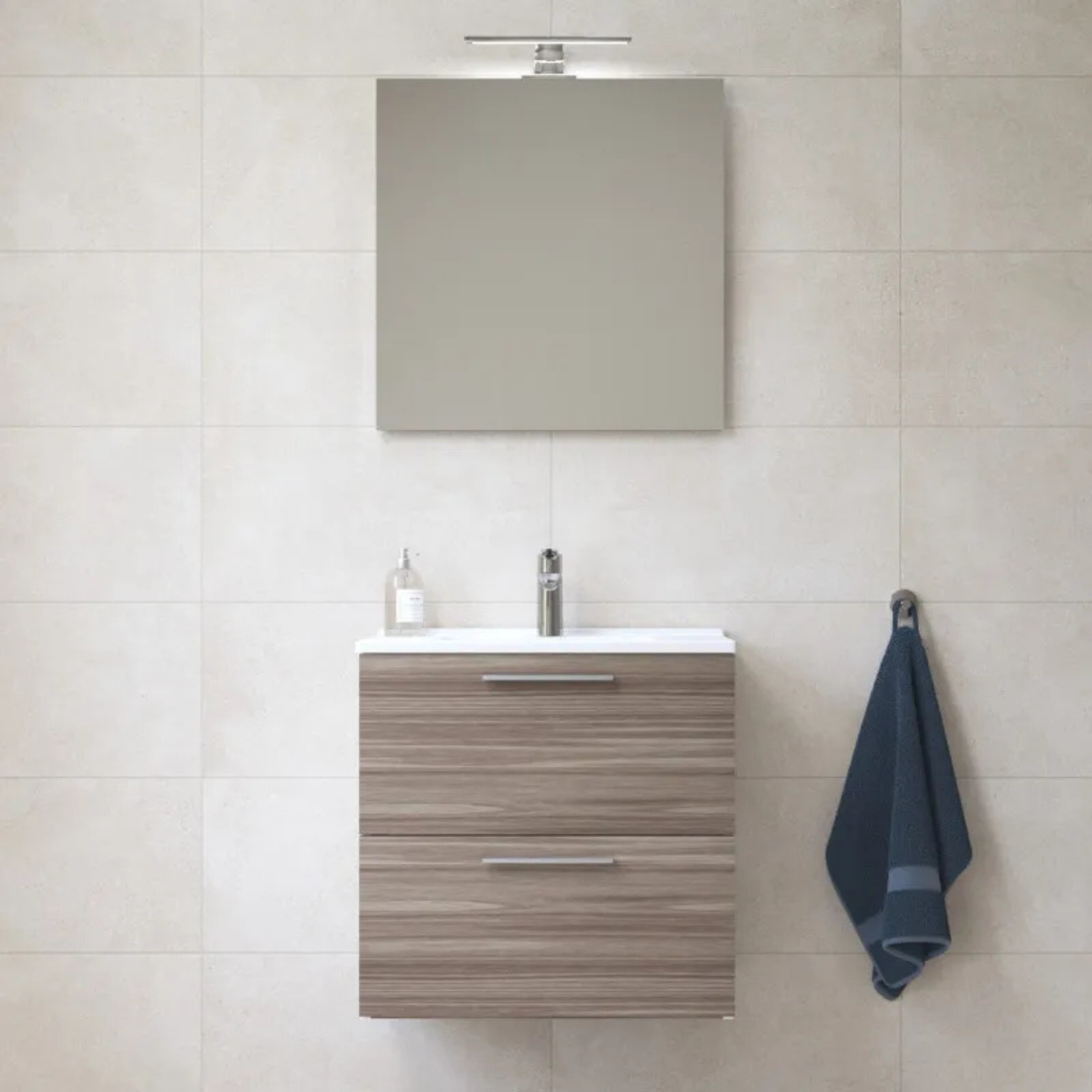 Mobile da bagno sospeso "Vitrax" in legno con 2 cassetti lavabo specchio e lampada