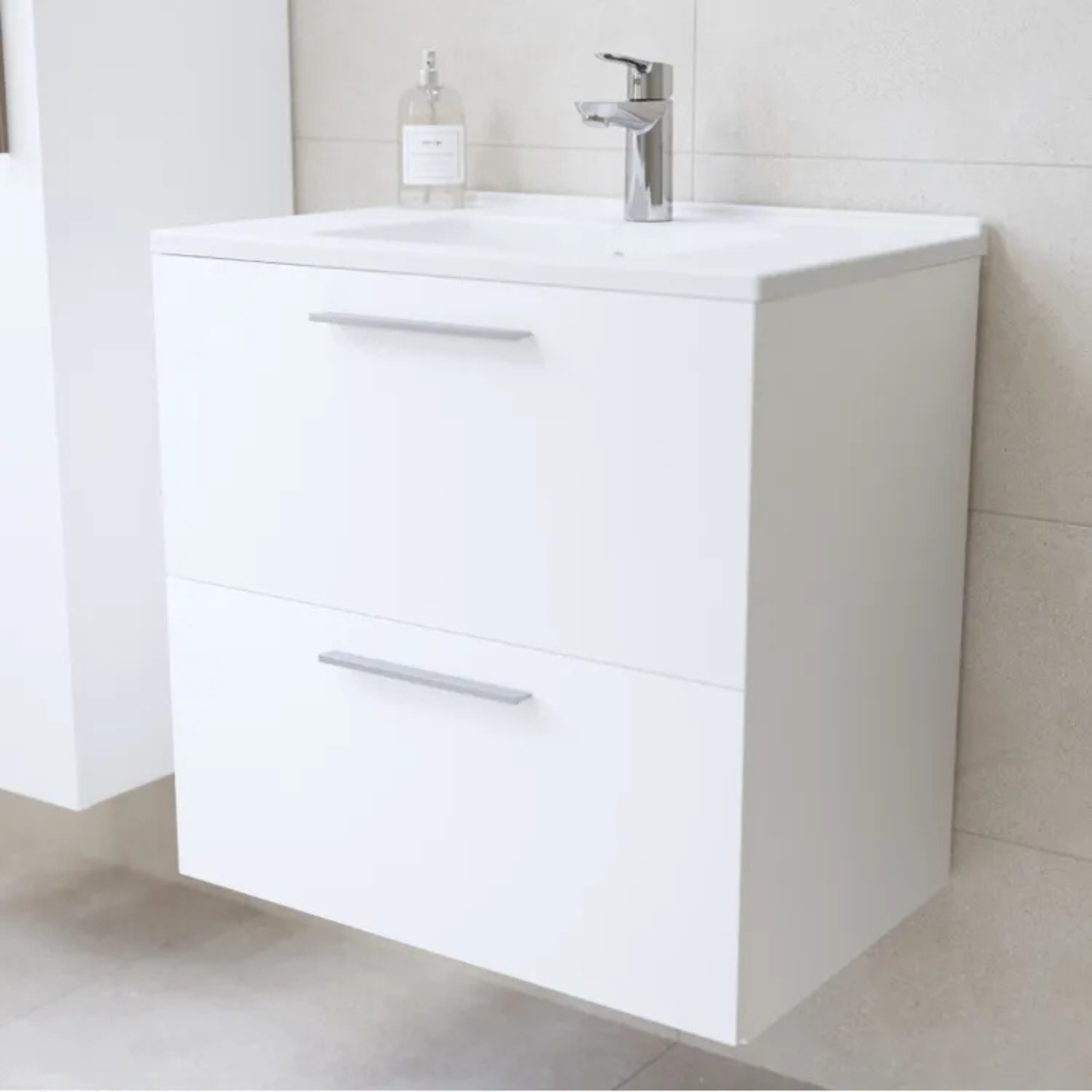 Mobile da bagno sospeso "Vitrax" in legno con 2 cassetti lavabo specchio e lampada