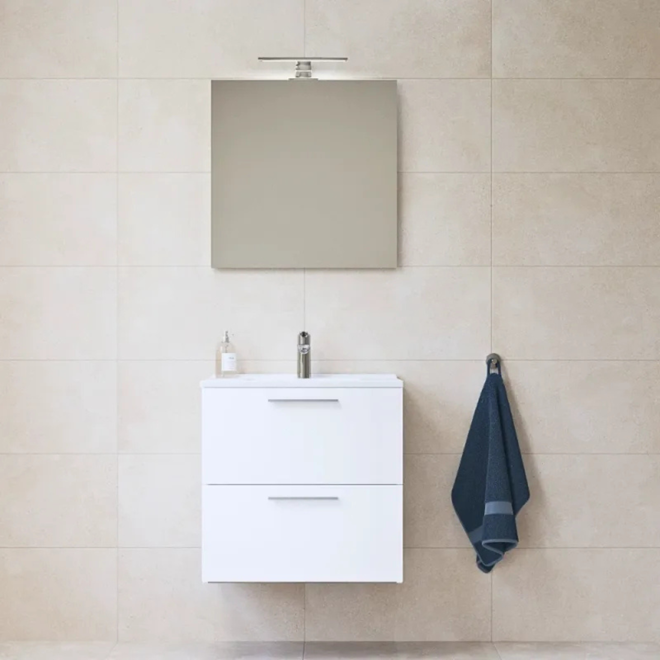 Mobile da bagno sospeso "Vitrax" in legno con 2 cassetti lavabo specchio e lampada