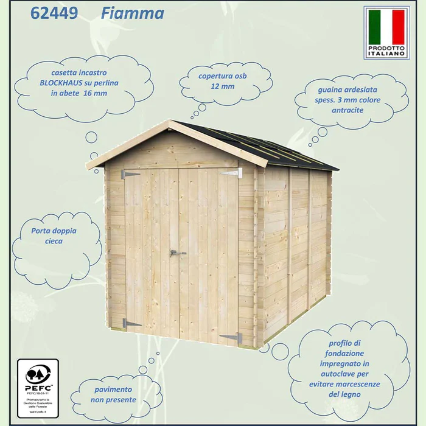 Abri de jardin en bois "Fiamma" 178x273 cm 192h double porte