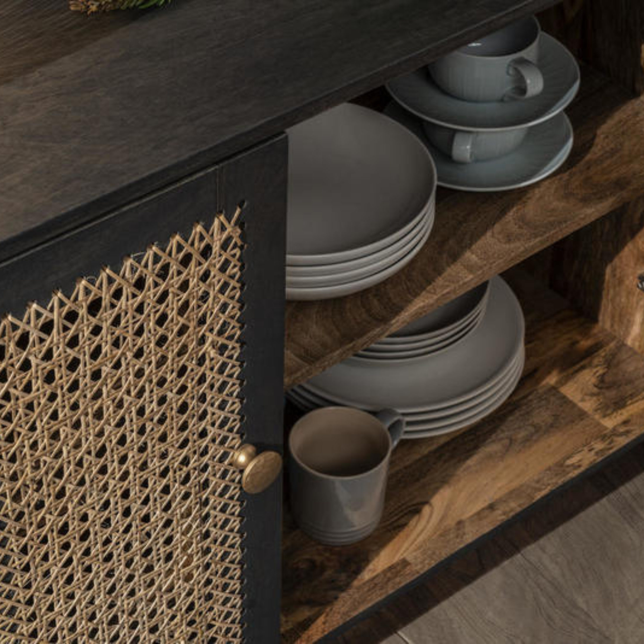 Madia design in legno di mango rattan "Nanda" 3 ante cm 160x38 75h
