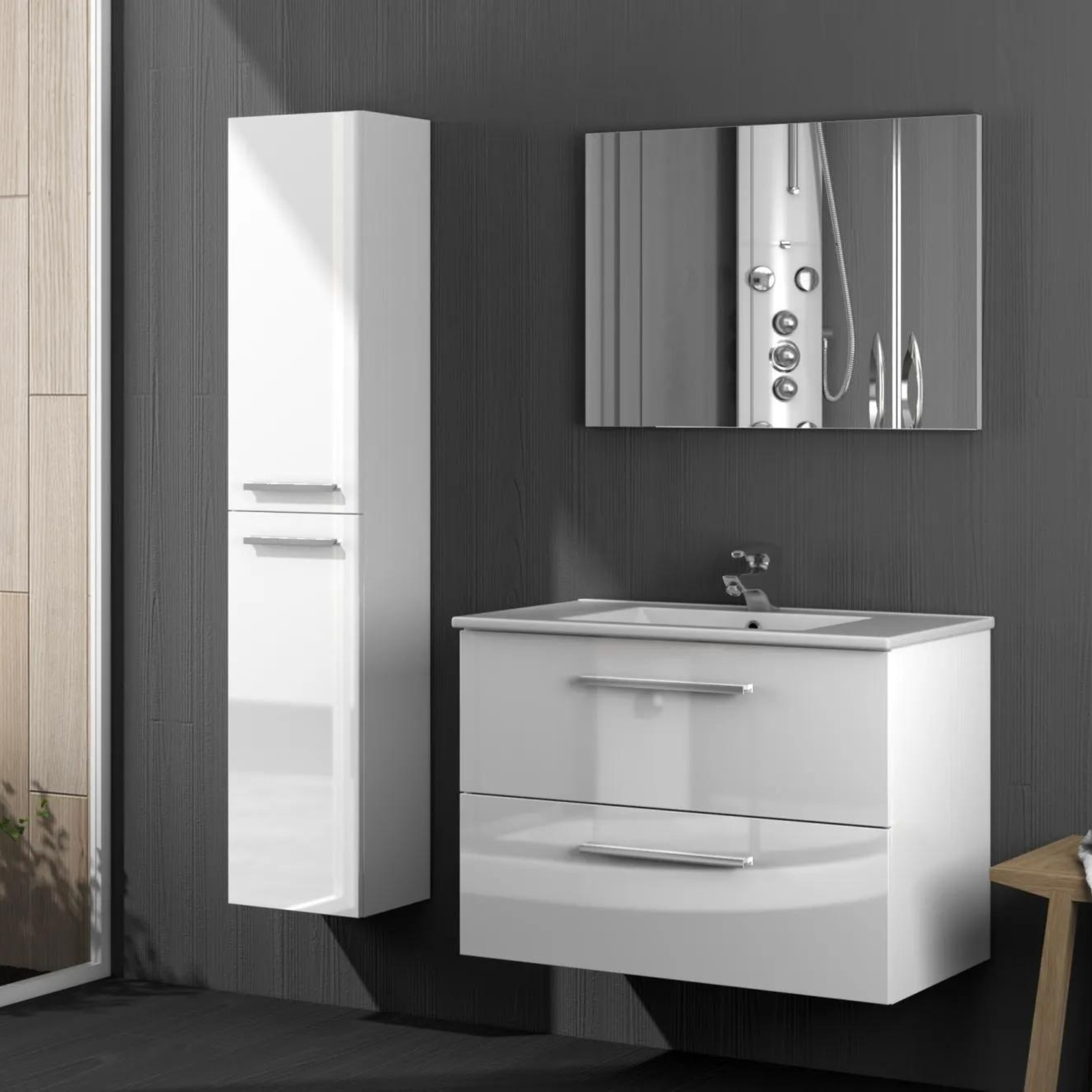 Mobile sospeso a cassettiera sotto lavabo "Aruba" in legno con specchio cm 80x45 57h
