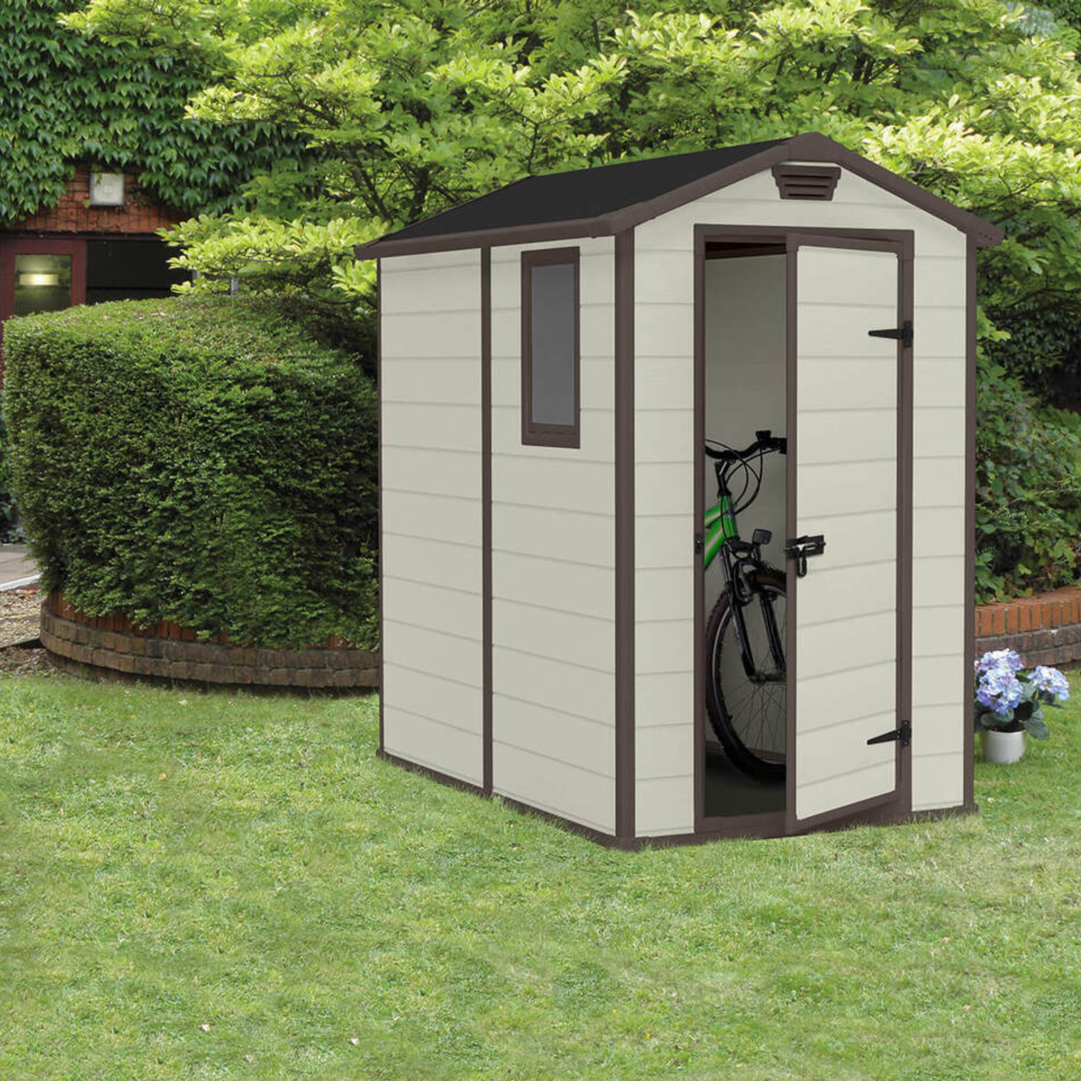 Casita de resina para jardín "Escape" con ventana lateral 130x192 cm 198h