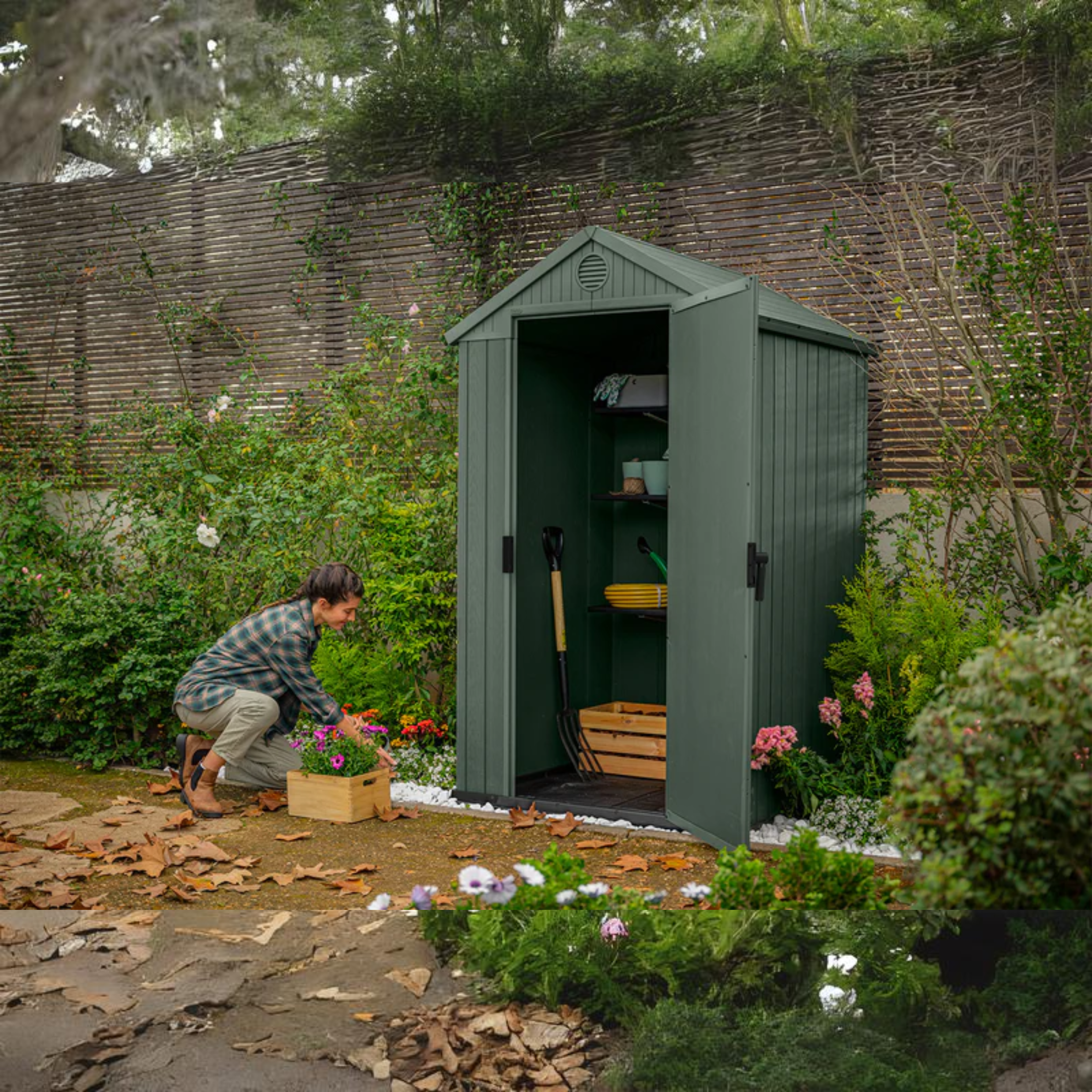 Caseta de jardín de resina "Serenity" con caseta efecto madera verde