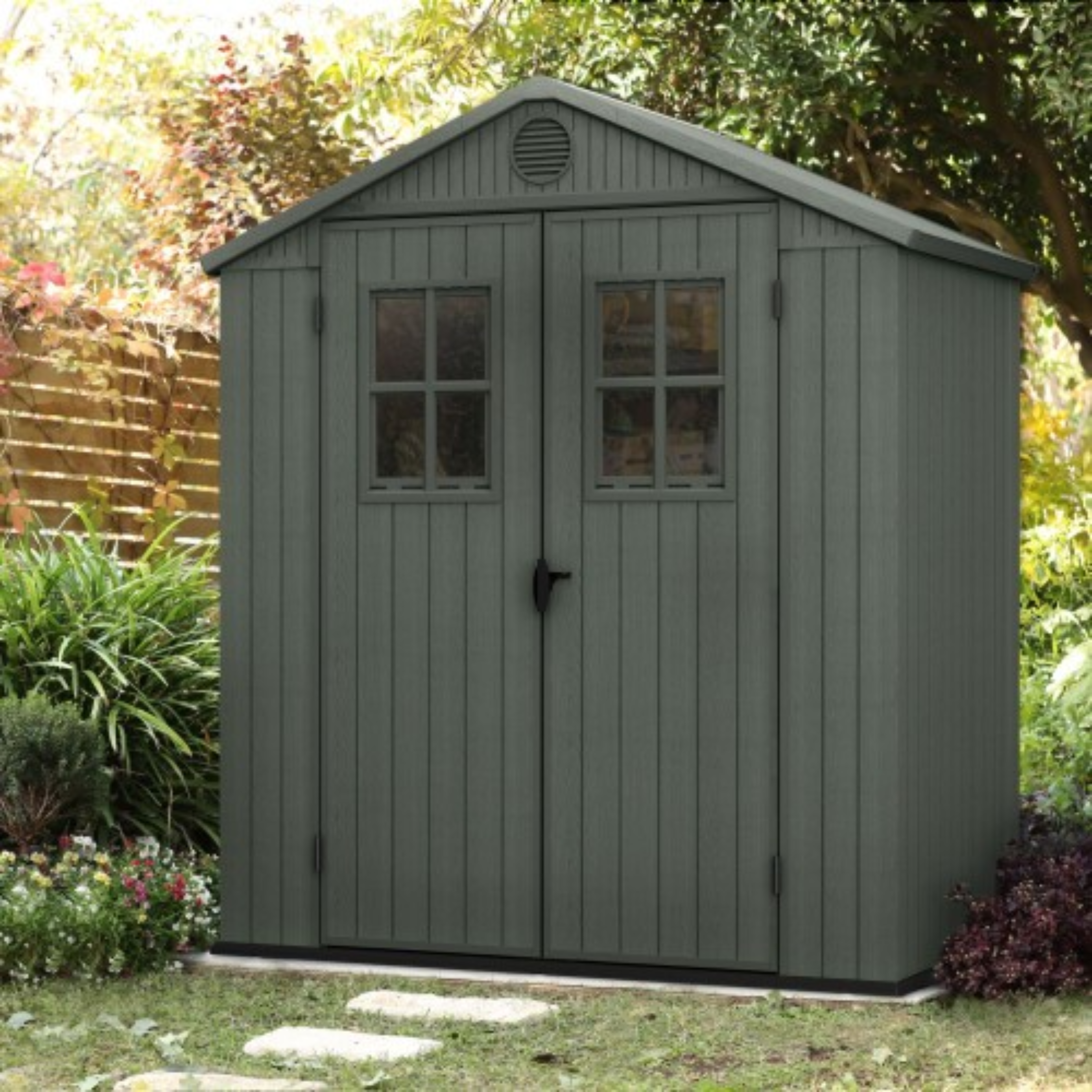 Casetta in resina da giardino "Oasis" effetto legno con 2 finestre