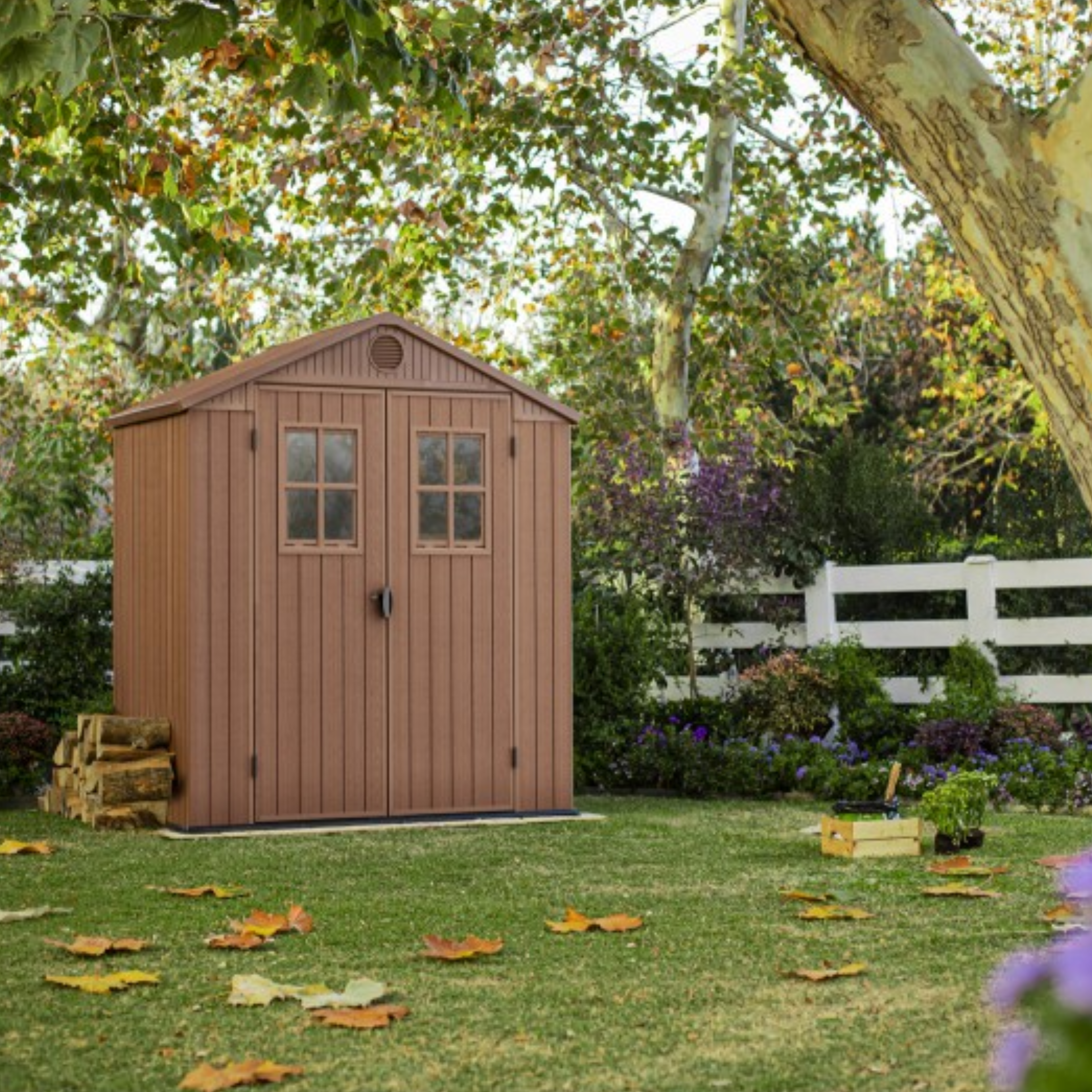 Casita de jardín de resina imitación madera marrón "Lotus" 2 puertas con 2 ventanas
