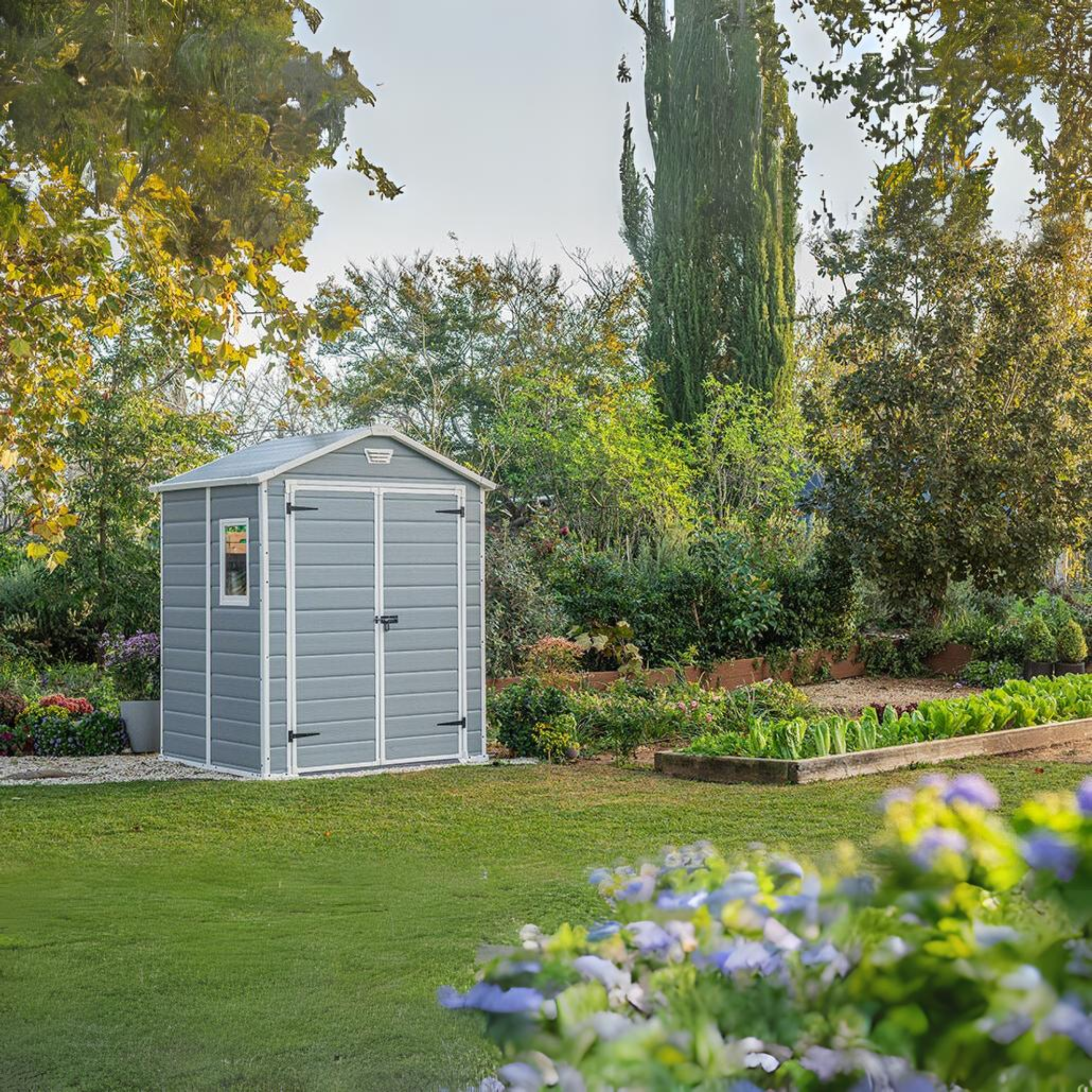 Caseta de jardín de resina gris "Wood1" con 1 ventana lateral