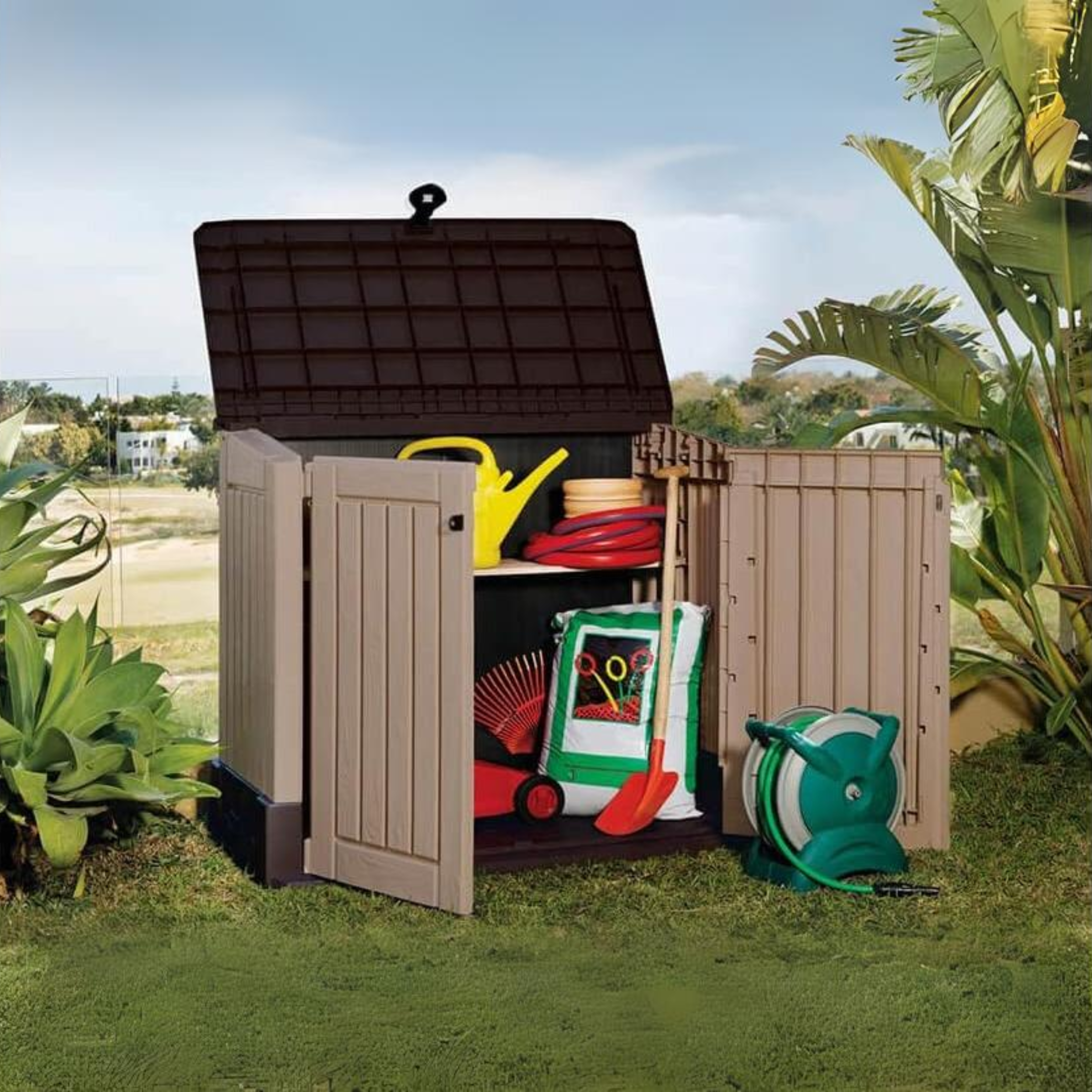 Baule in resina da esterno "Midi" beige effetto legno cm 132x71,5 113,5h