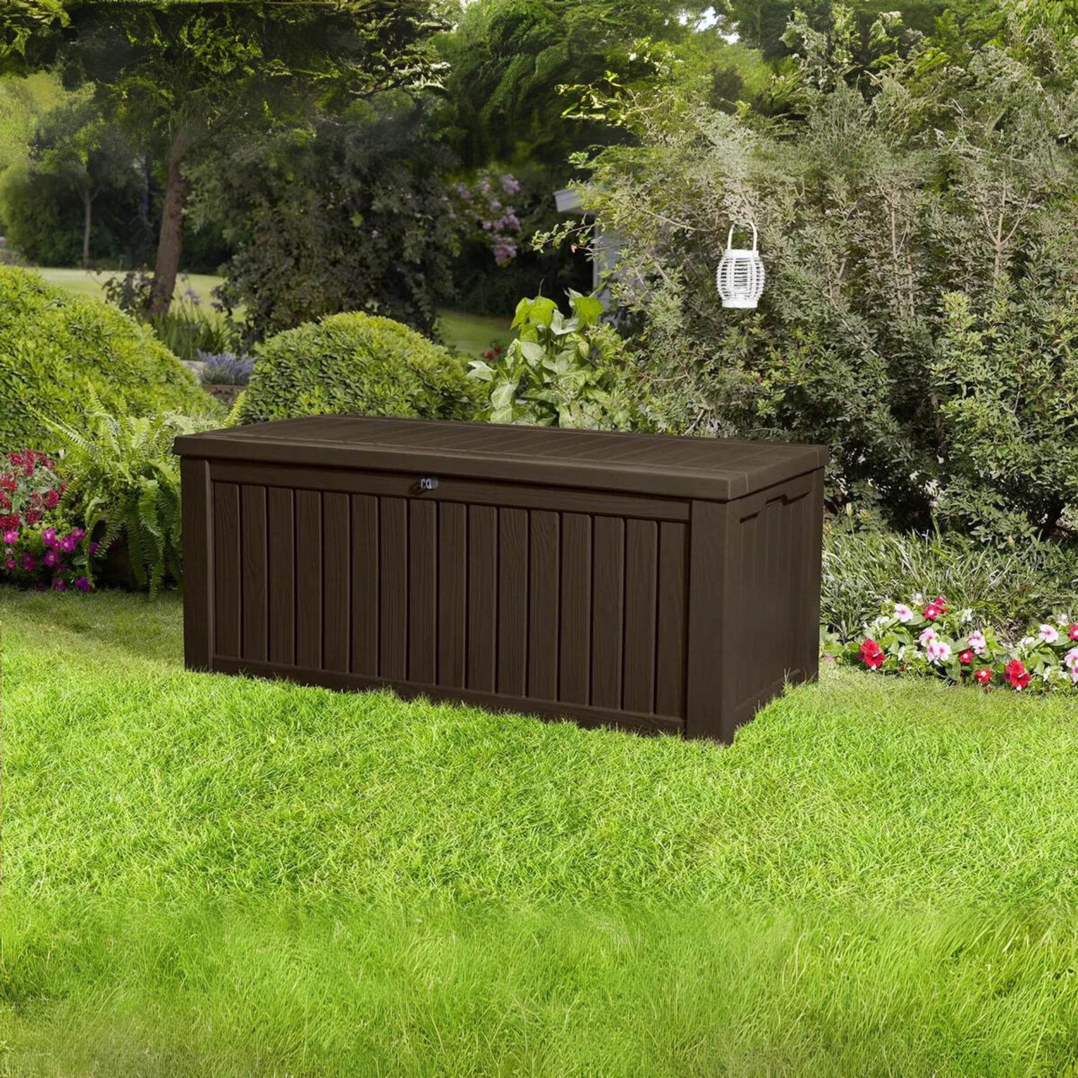 Baule in resina da esterno "Rock" effetto legno capiente cm 155x72,4 64,4h