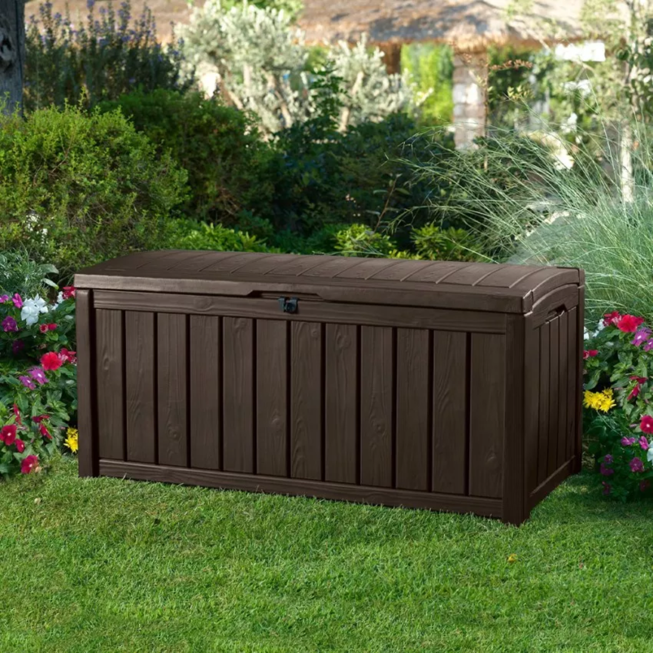 Malle d'extérieur en résine effet bois "Mood", spacieuse 128x65 cm 61h