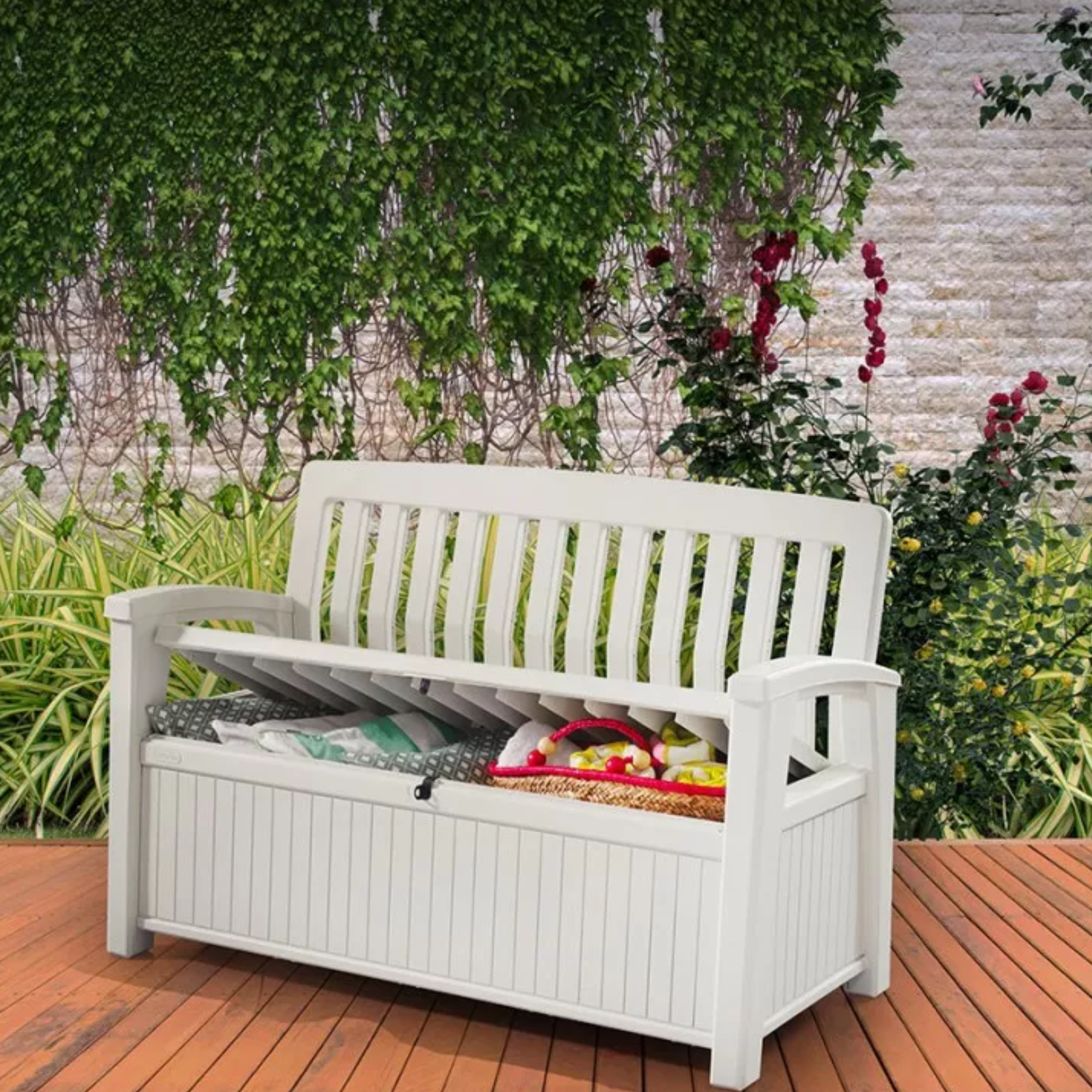 Banc de jardin conteneur extérieur "Patio" effet bois 132,7x61,2 cm 89h