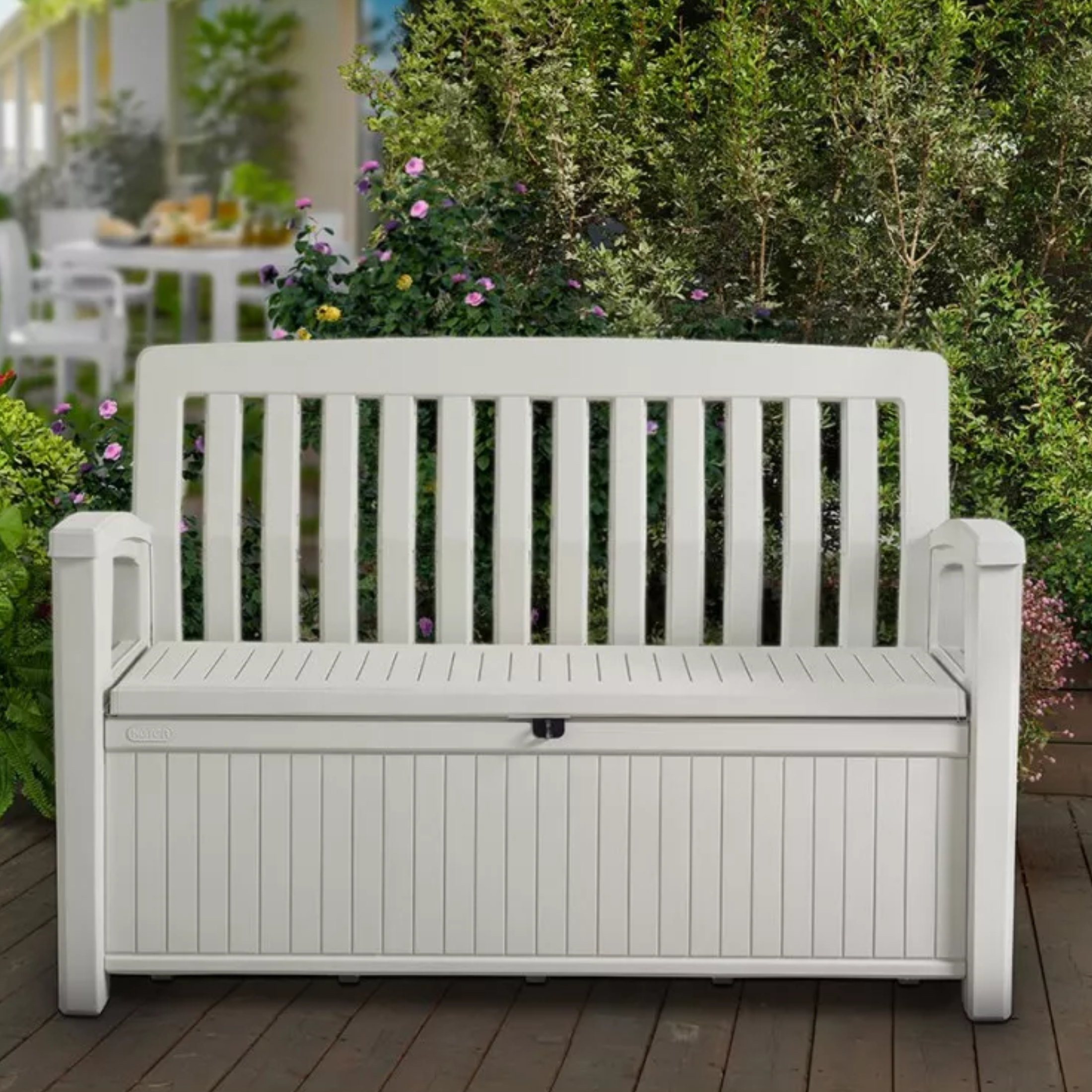 Panchina da giardino contenitore "Patio" da esterno effetto legno cm 132,7x61,2 89h