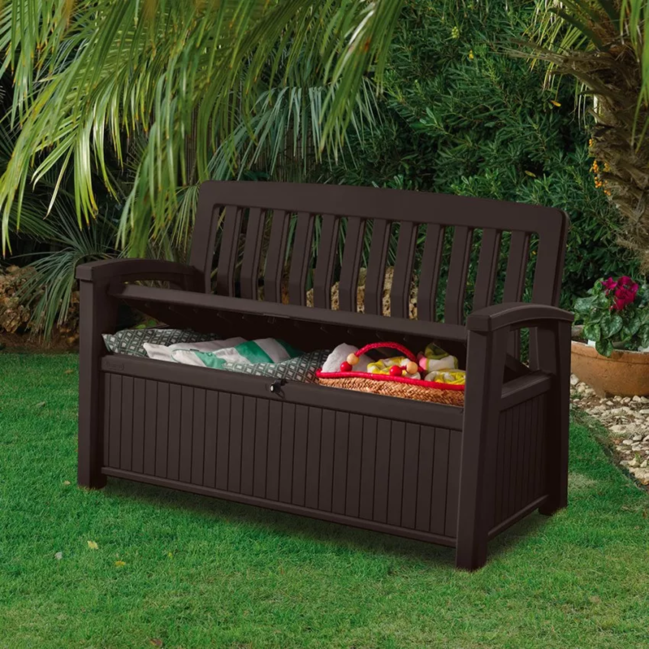 Panchina da giardino contenitore "Patio" da esterno effetto legno cm 132,7x61,2 89h