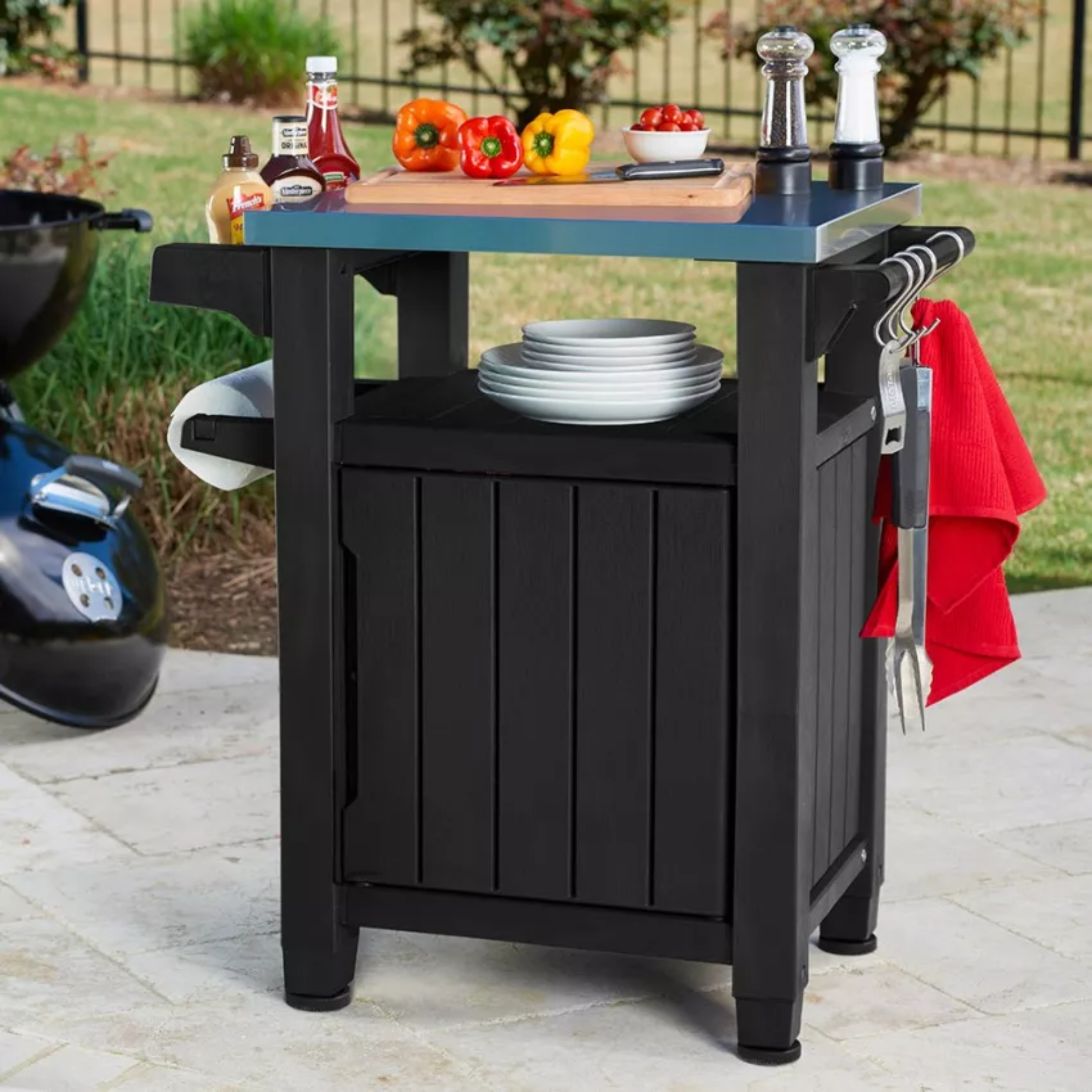 Table basse effet bois "Unity" pour BBQ 1 porte 2 roulettes 70x54 cm 90h