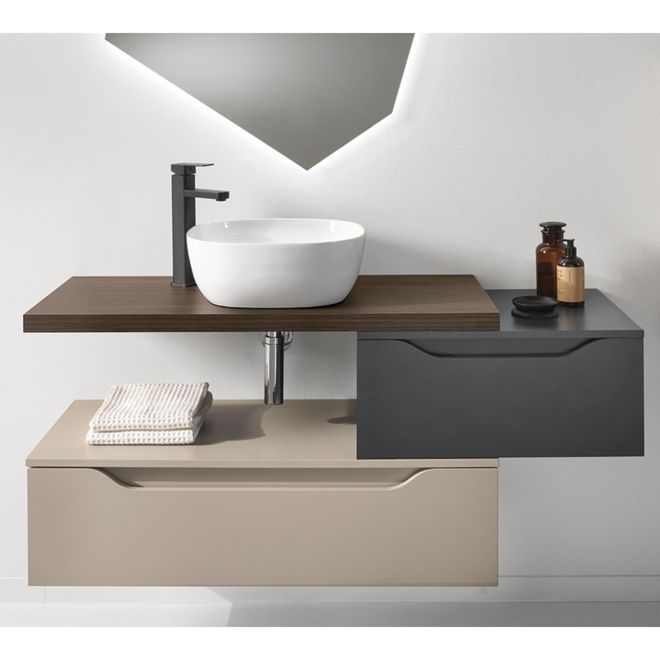Meuble de salle de bain suspendu "Mixi e" 2 tiroirs 2 colonnes miroir LED vasque à poser
