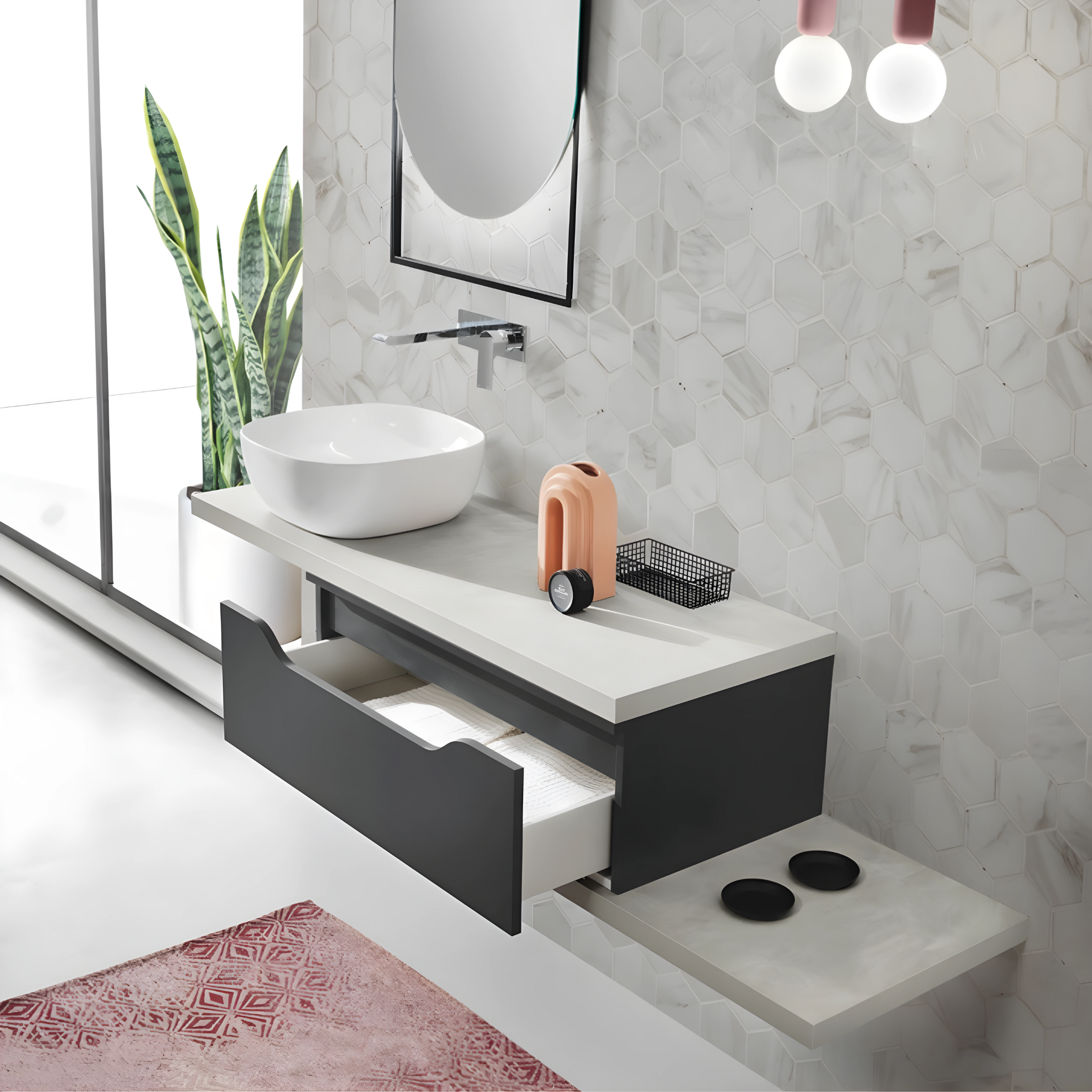 Mobile moderno da bagno sospeso "Mixi f" 1 cassetto specchio led lavabo da appoggio