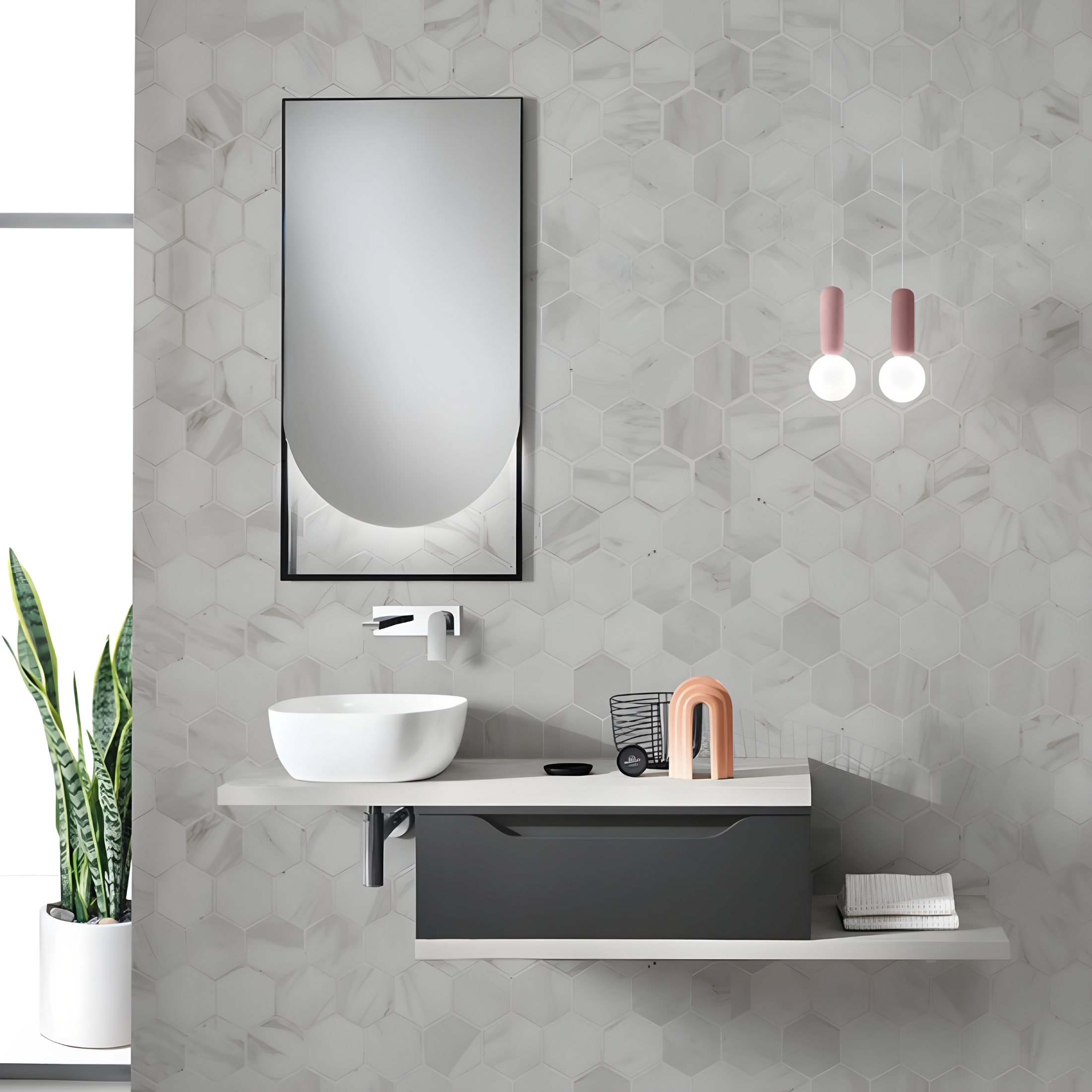 Mobile moderno da bagno sospeso "Mixi f" 1 cassetto specchio led lavabo da appoggio