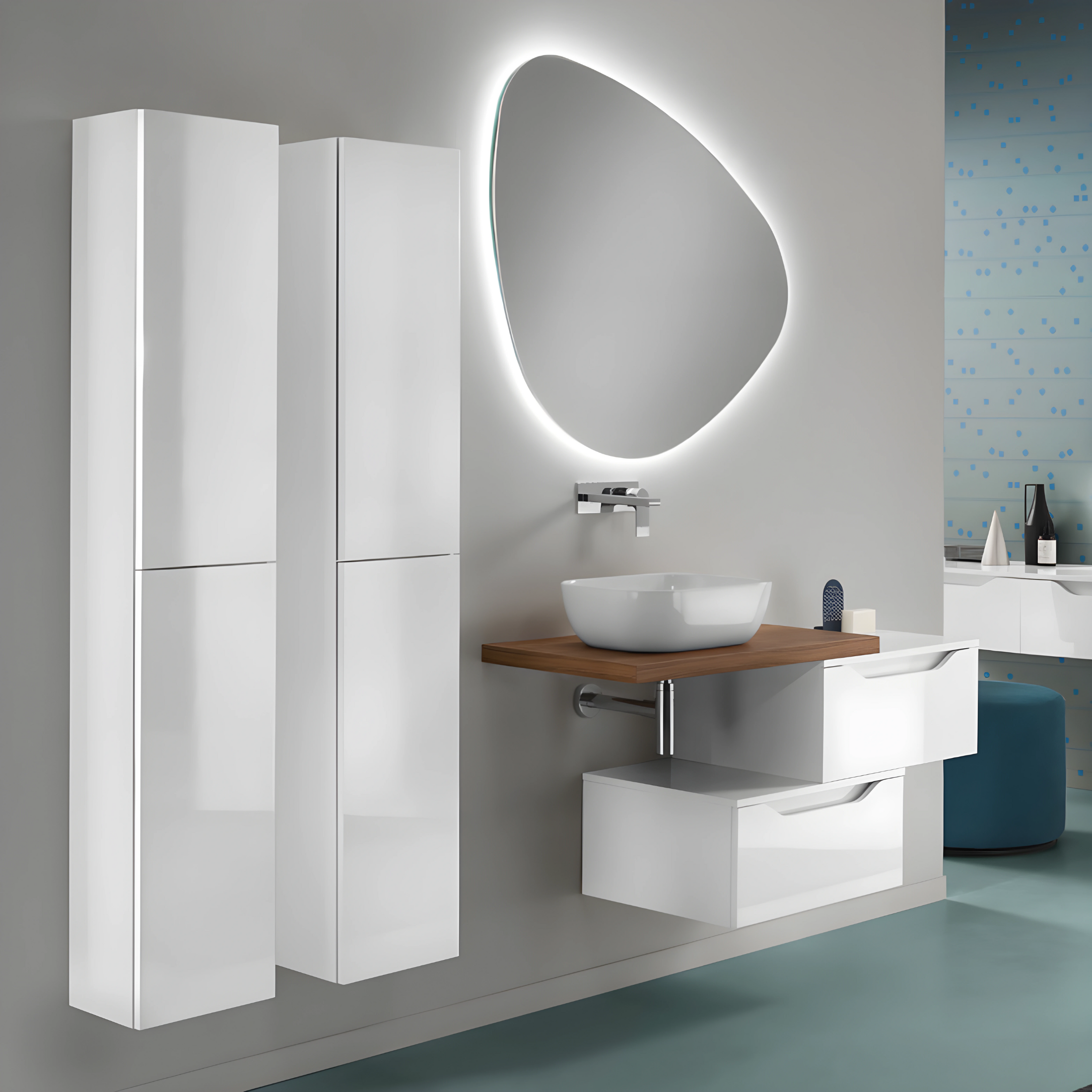 Mobile da bagno sospeso "Octavia" 2 cassetti 2 colonne lavabo da appoggio specchio Led