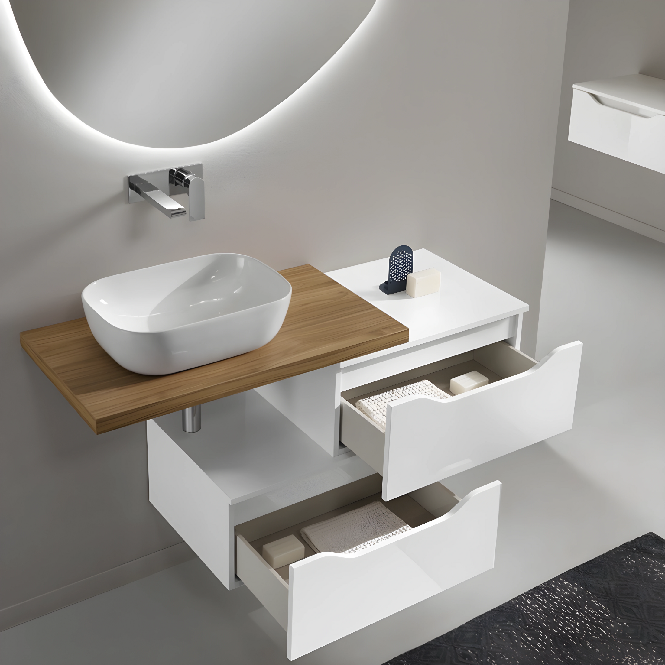 Meuble de salle de bain suspendu "Mixi c" 2 tiroirs 2 colonnes vasque à poser miroir LED