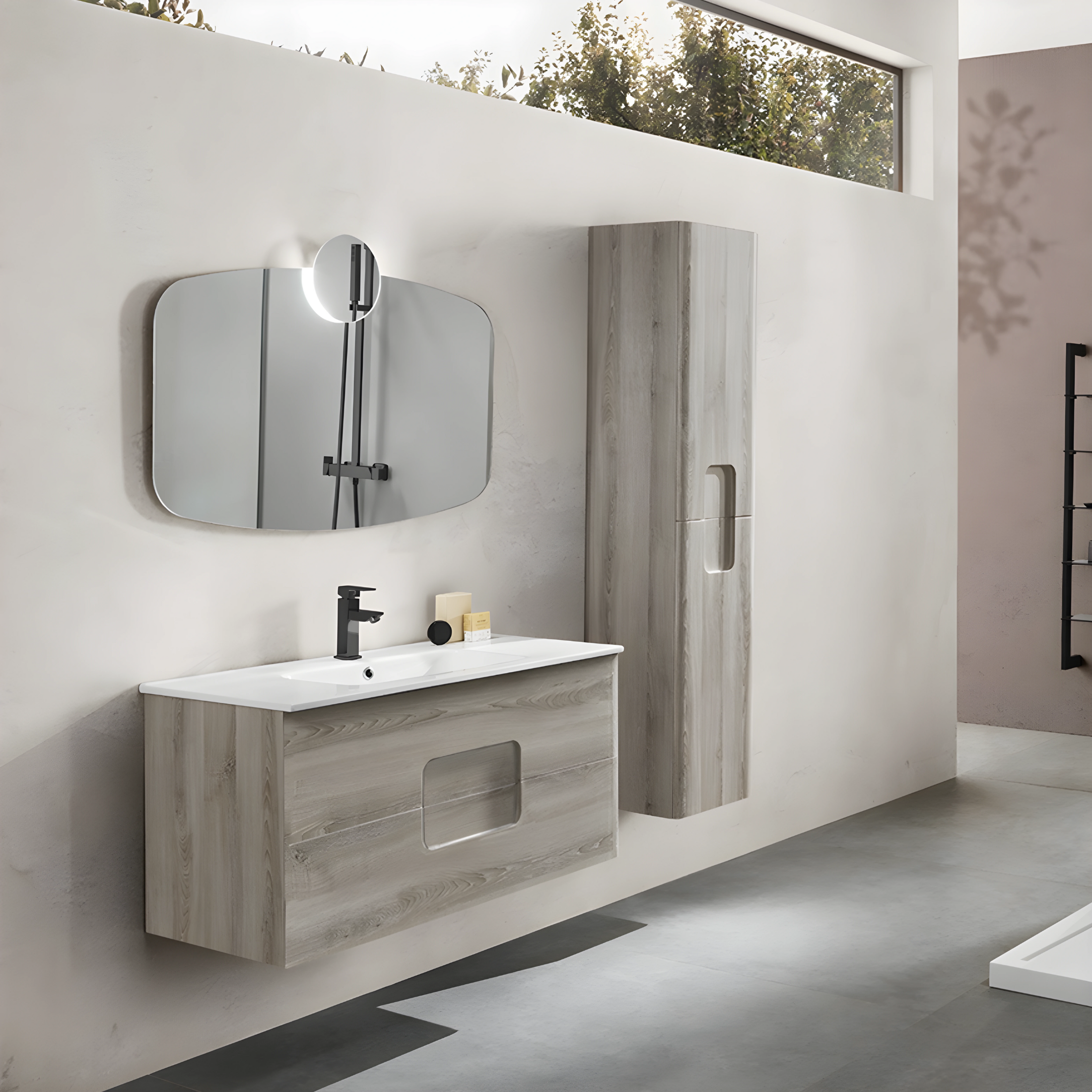 Mobile bagno sospeso "Jenna120" 2 cassetti lavabo e specchio con colonna