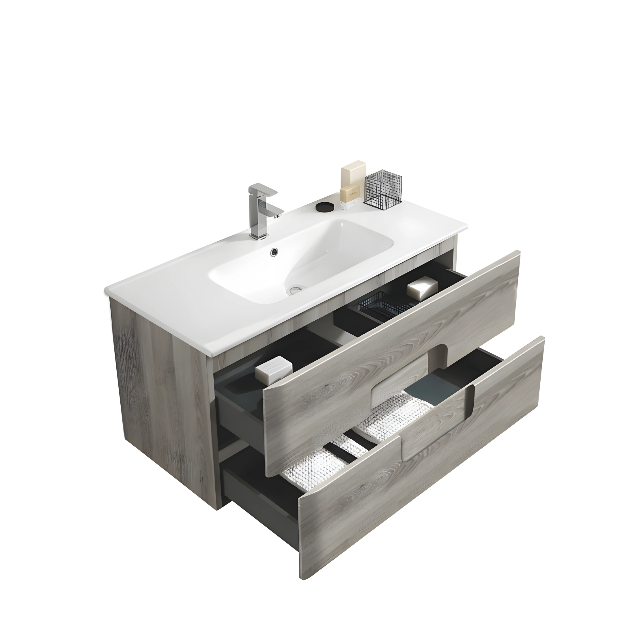Meuble de salle de bain suspendu "Arco120" 2 tiroirs, lavabo et miroir avec colonne