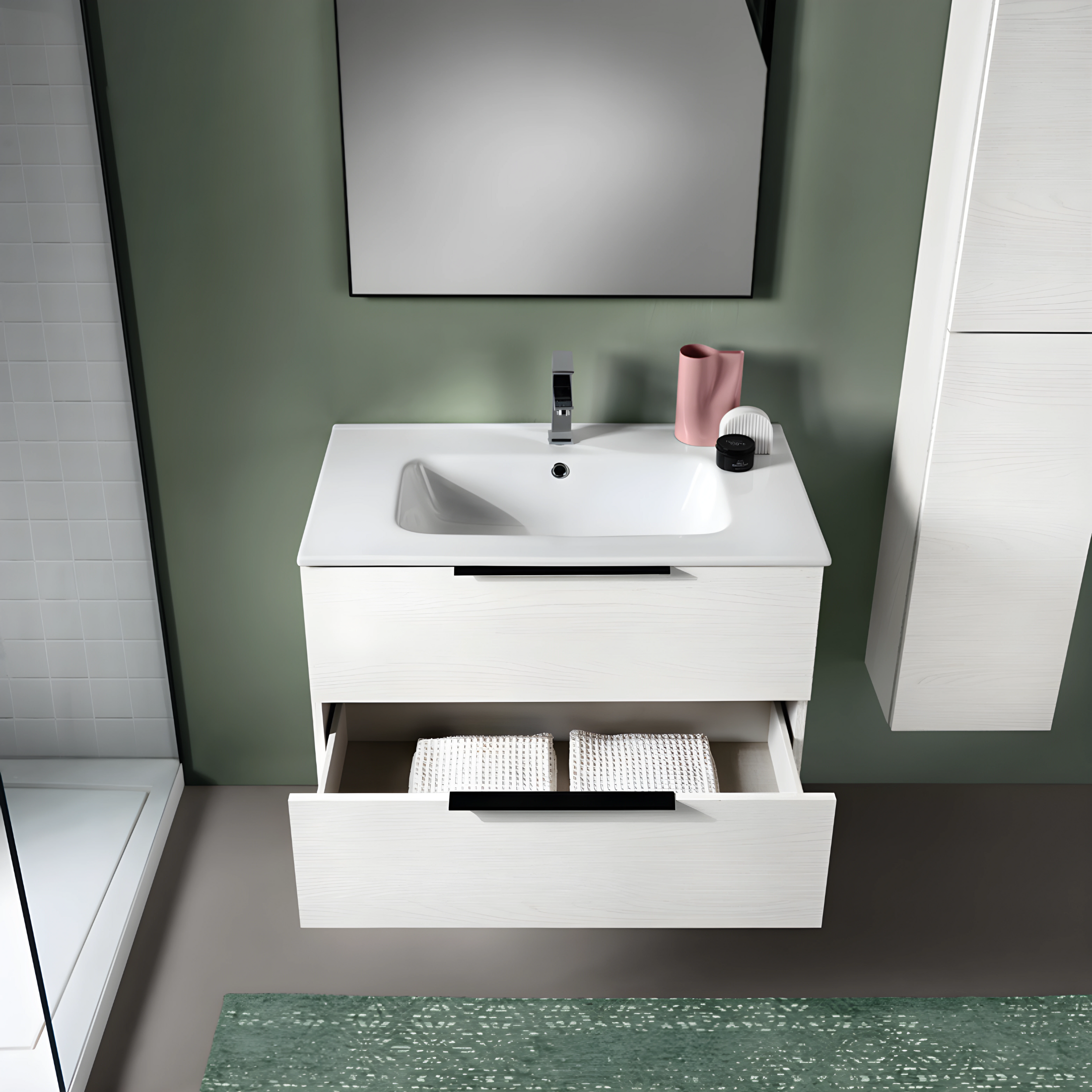 Mobile da bagno sospeso "Atrium" moderno 2 cassetti specchio luce Led