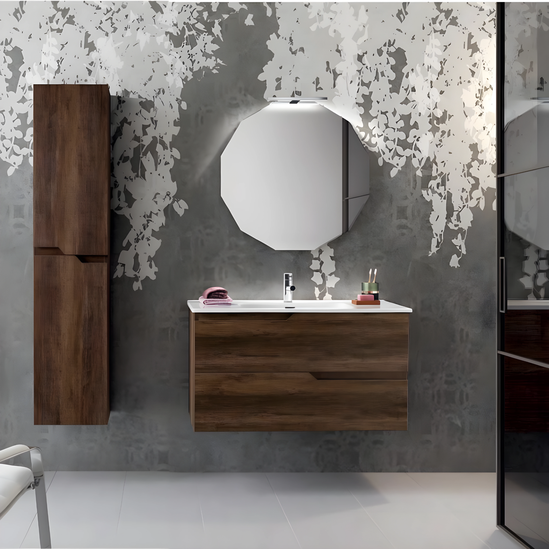 Mobile da bagno sospeso "Cuba" base 2 cassetti 80 cm con colonna specchio e lavabo TEK