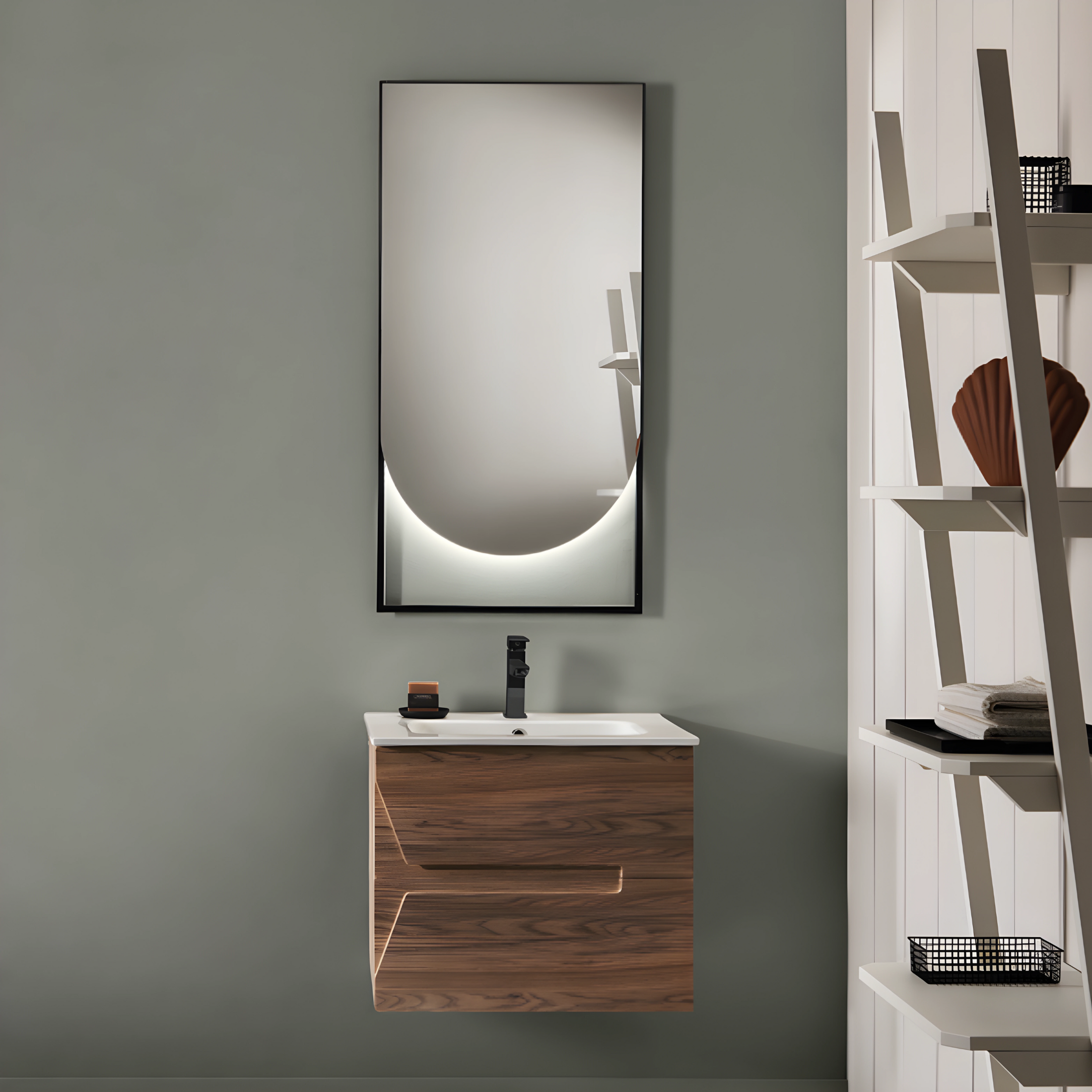 Mobile da bagno sospeso "Tamigi" 2 cassetti lavabo e specchio Led