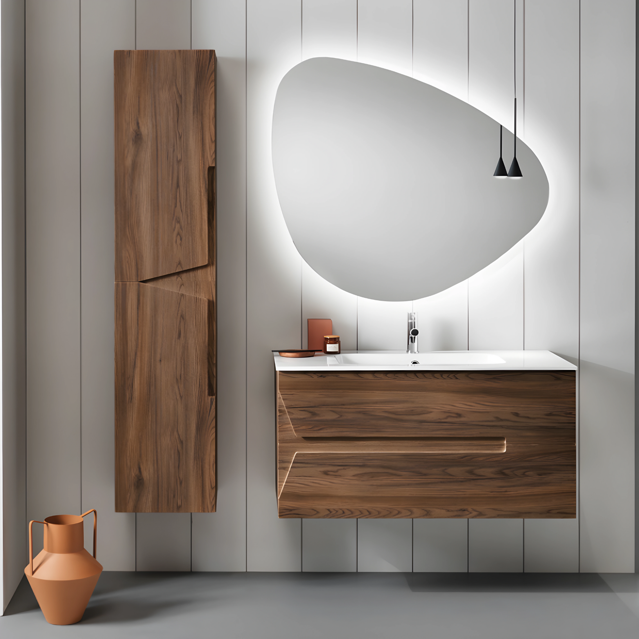 Mobile da bagno sospeso "Empire" con 2 cassetti 1 colonna lavabo e specchio Led
