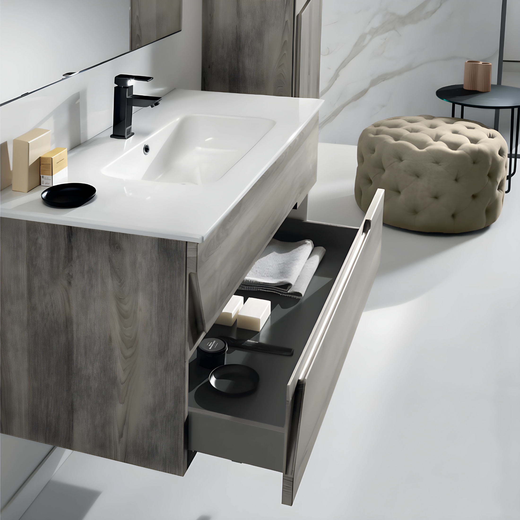 Mobile da bagno sospeso "Rivery" con 2 cassetti 2 ante specchio e lavabo