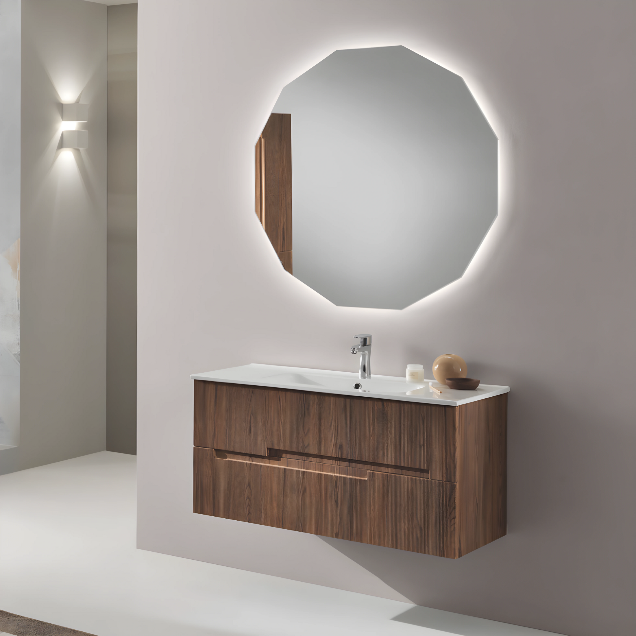 Mobile da bagno sospeso "Lennon" con 2 cassetti specchio Led e lavabo