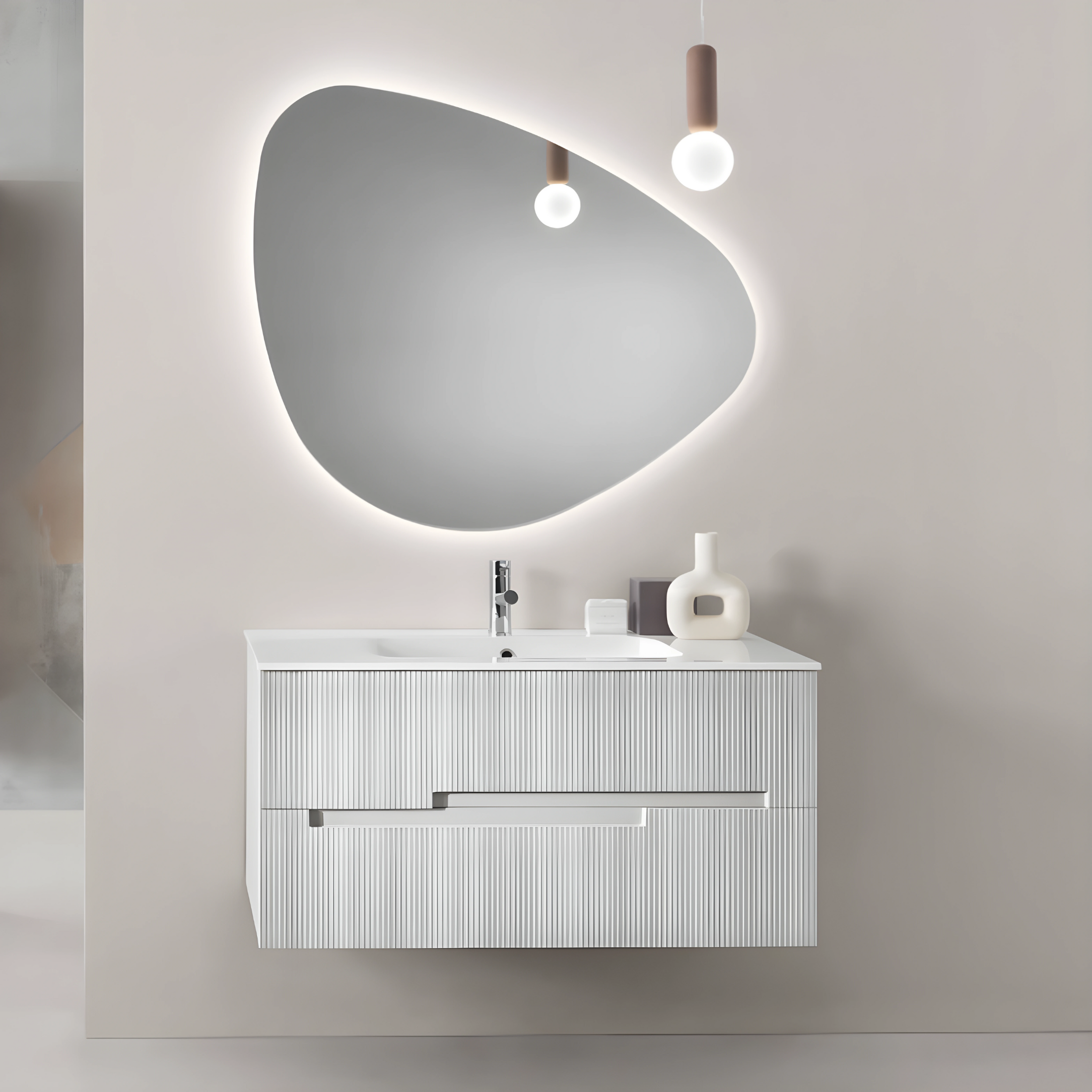 Mobile da bagno in legno "Cosmo100" con 2 cassetti lavabo e colonna sospesa