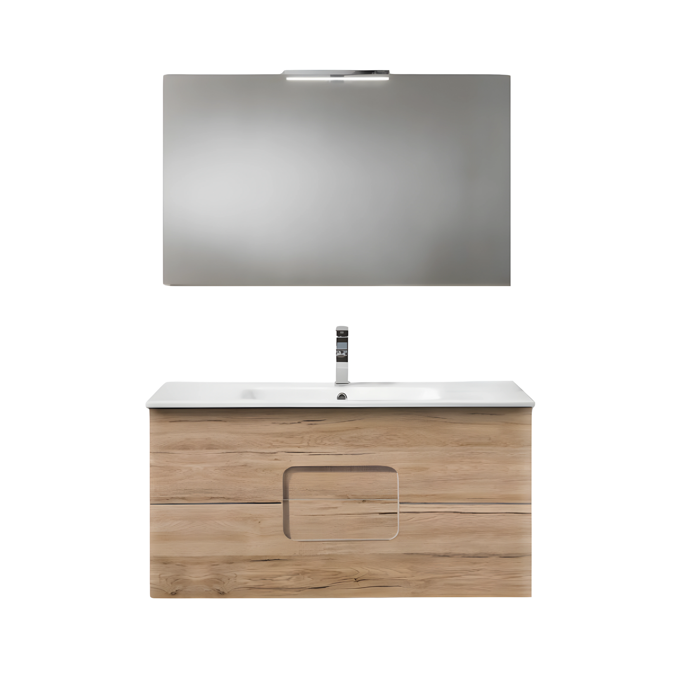 Meuble de salle de bain suspendu "Arco 100" 2 tiroirs, lavabo, miroir LED