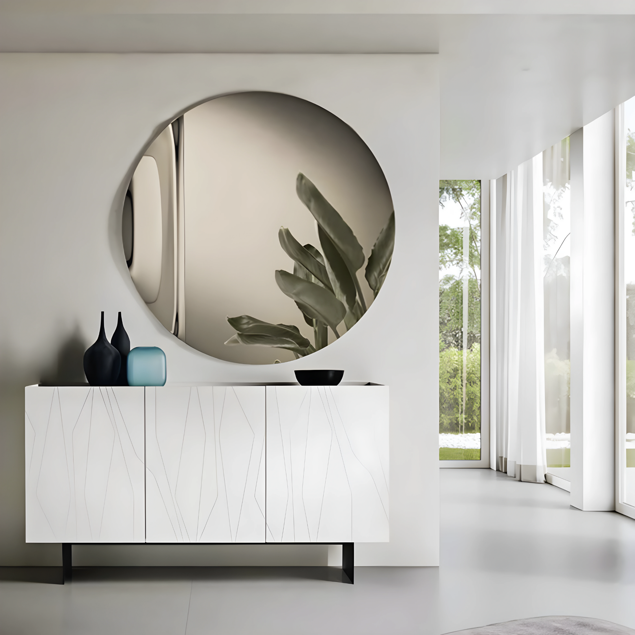 Buffet moderne 3 portes "Tigua" Plateau miroir fumé ou bronze déjà assemblé 169x50 cm 89h