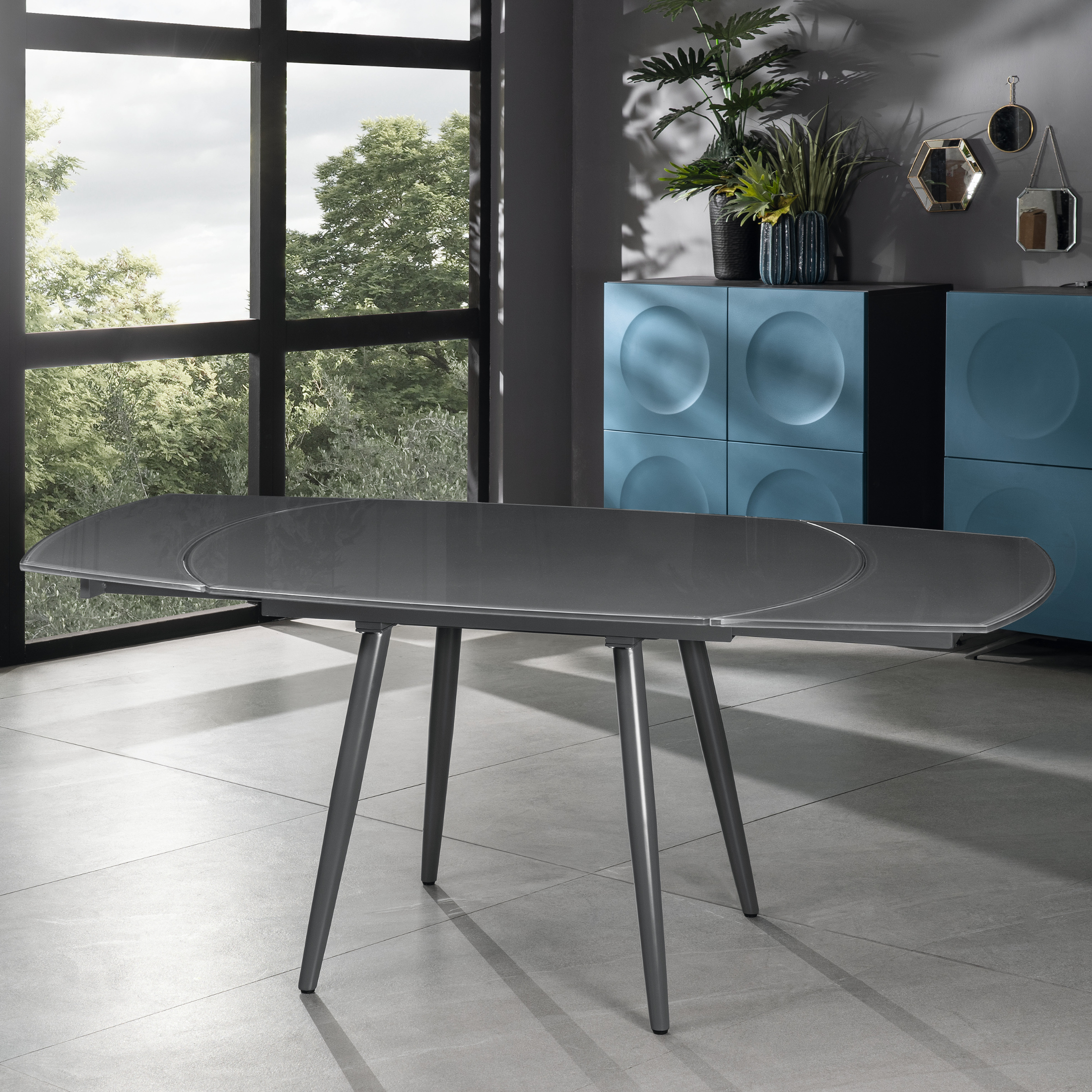 Table extensible en verre trempé "Kyoto Four" structure métallique 120/180x90 76h cm