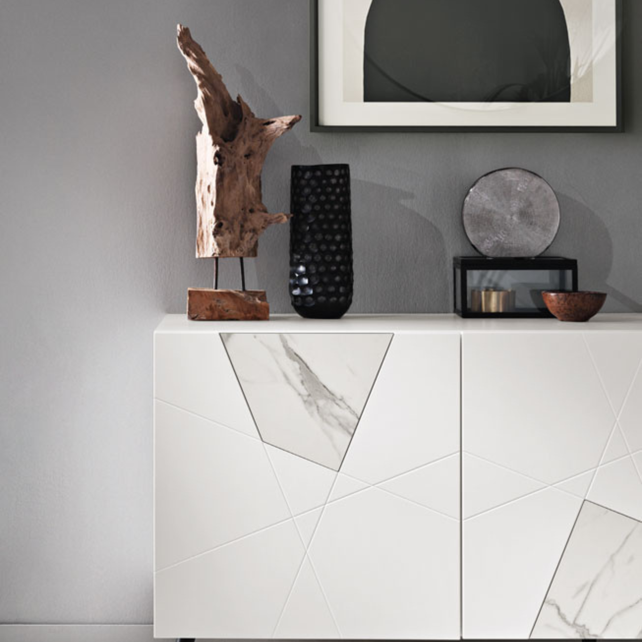 Madia moderna 3 ante "Adelaide" in legno inserti in vetro effetto marmo cm 180x50 80h