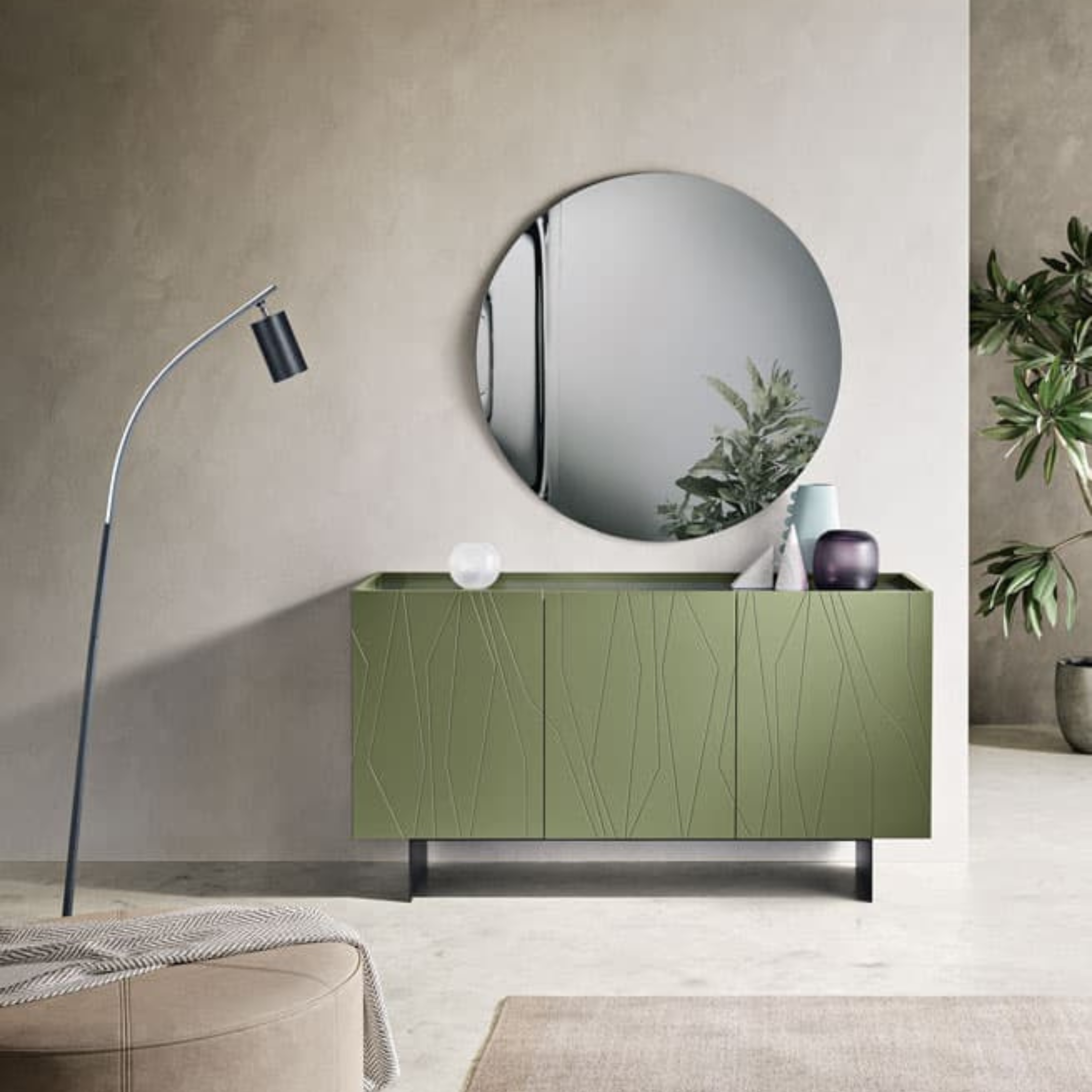 Buffet moderne 3 portes "Tigua" Plateau miroir fumé ou bronze déjà assemblé 169x50 cm 89h