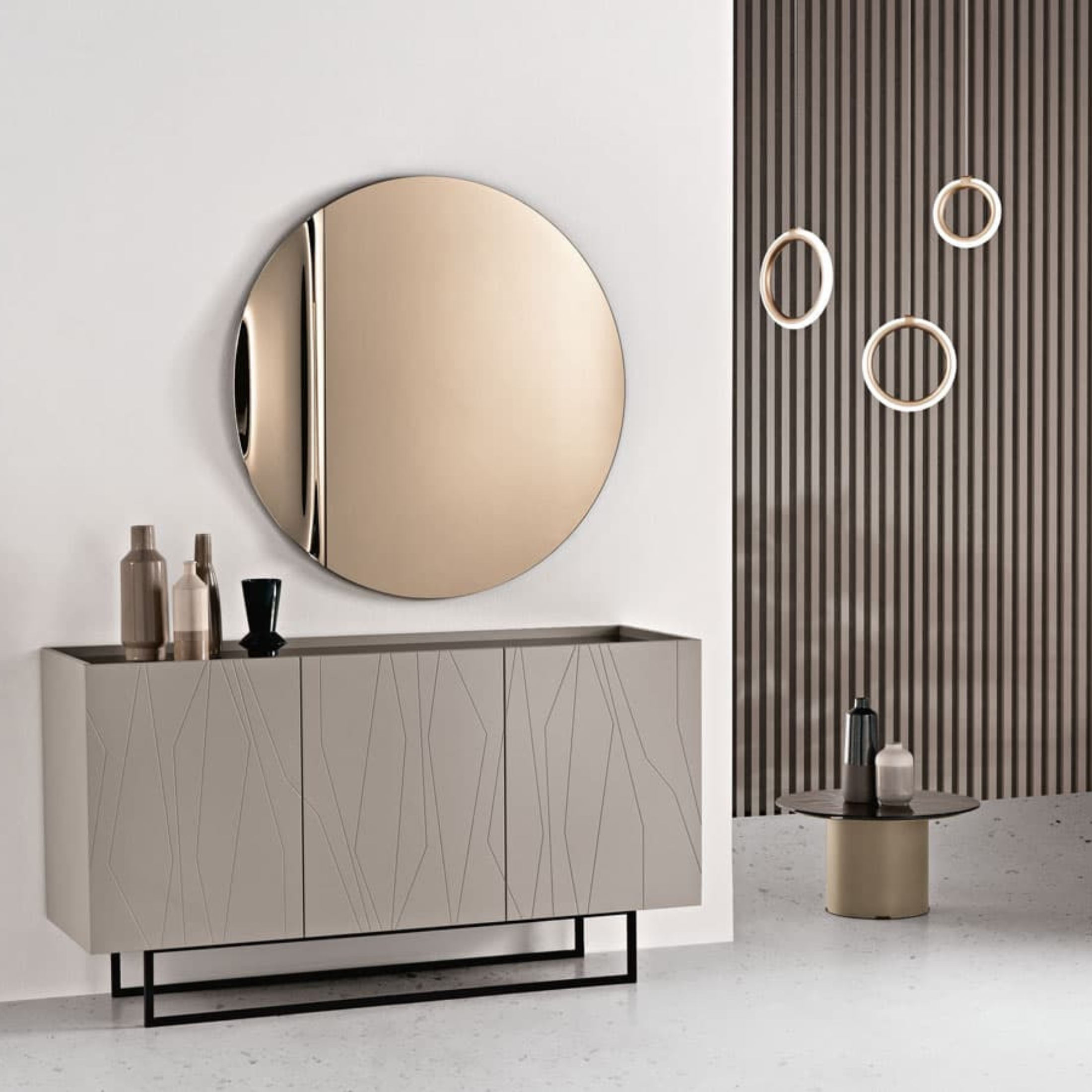 Buffet moderne 3 portes "Tigua" Plateau miroir fumé ou bronze déjà assemblé 169x50 cm 89h